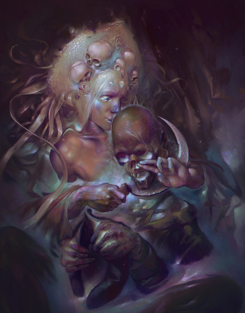 Apterus, white hair, 720P, skull, sickle, women, horror, drawing, corpse, Phone HD Wallpaper