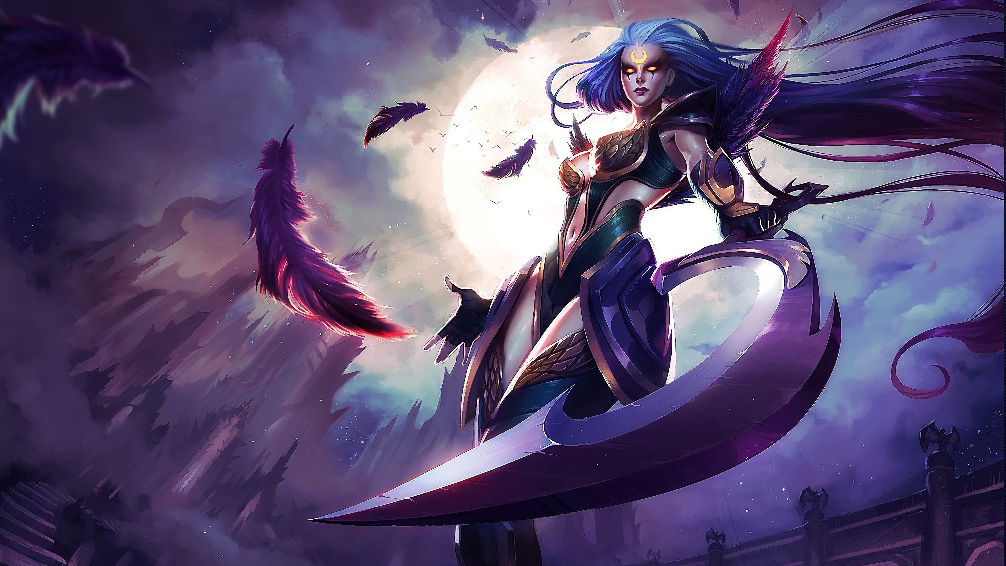 Weapons, Feathers, The moon, LoL, The game, League of legends, Girl, Dark Valkyrie, Blue hair, 4K, Weapon, Long hair, Riot Games, Moon, Hammer, Game, Sickle, HD Wallpaper