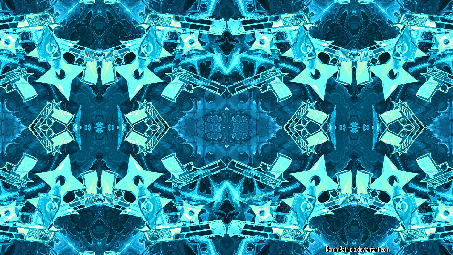 abstract, RammPatricia, digital art, gun, pistol, digital, kaleidoscope, 1080P, shuriken, Desert Eagle, weapon, HD Wallpaper