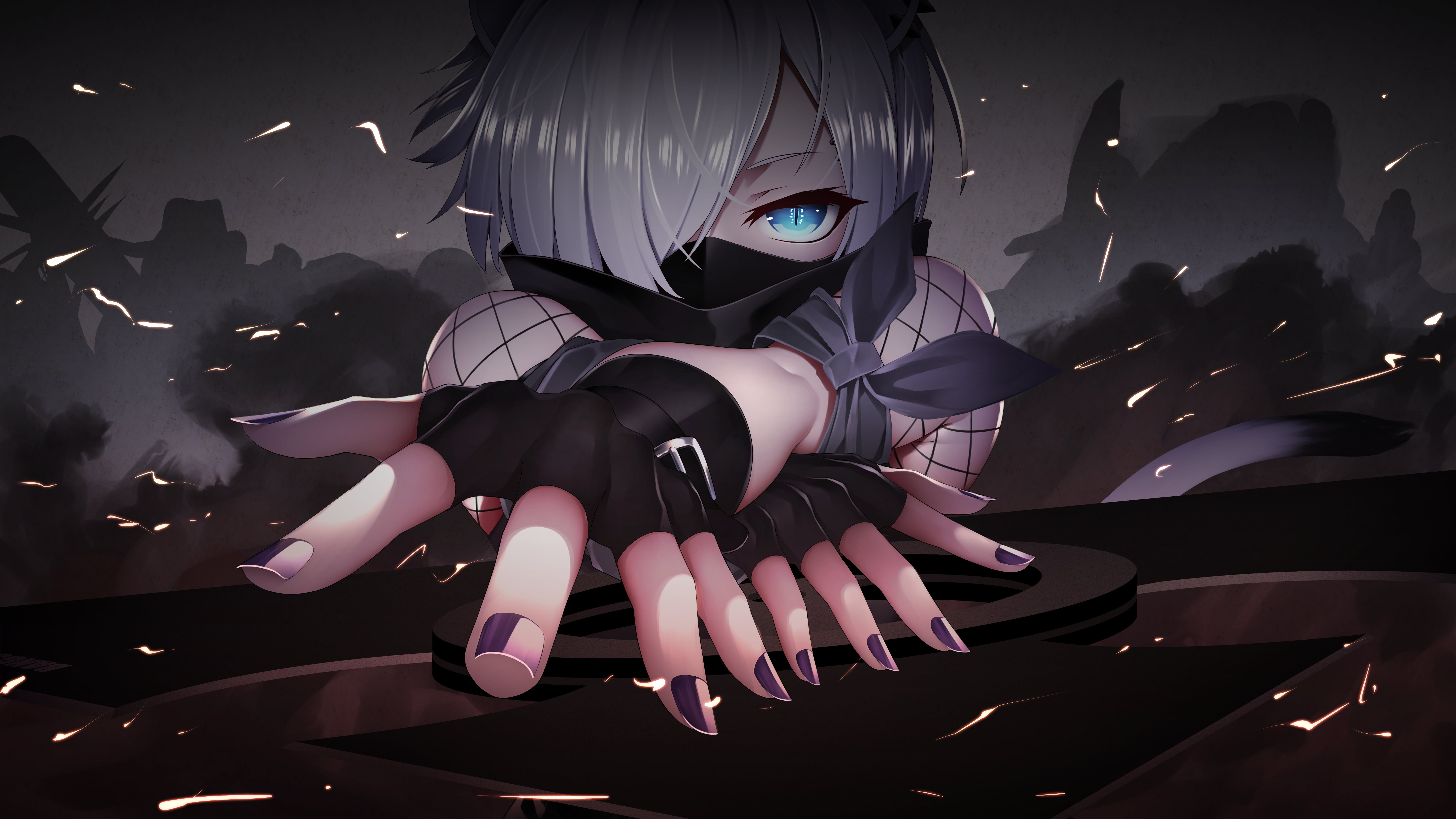 Arknights, Shirayuki (Arknights), mask, anime girls, shuriken, 5K, Sankakkee, HD Wallpaper