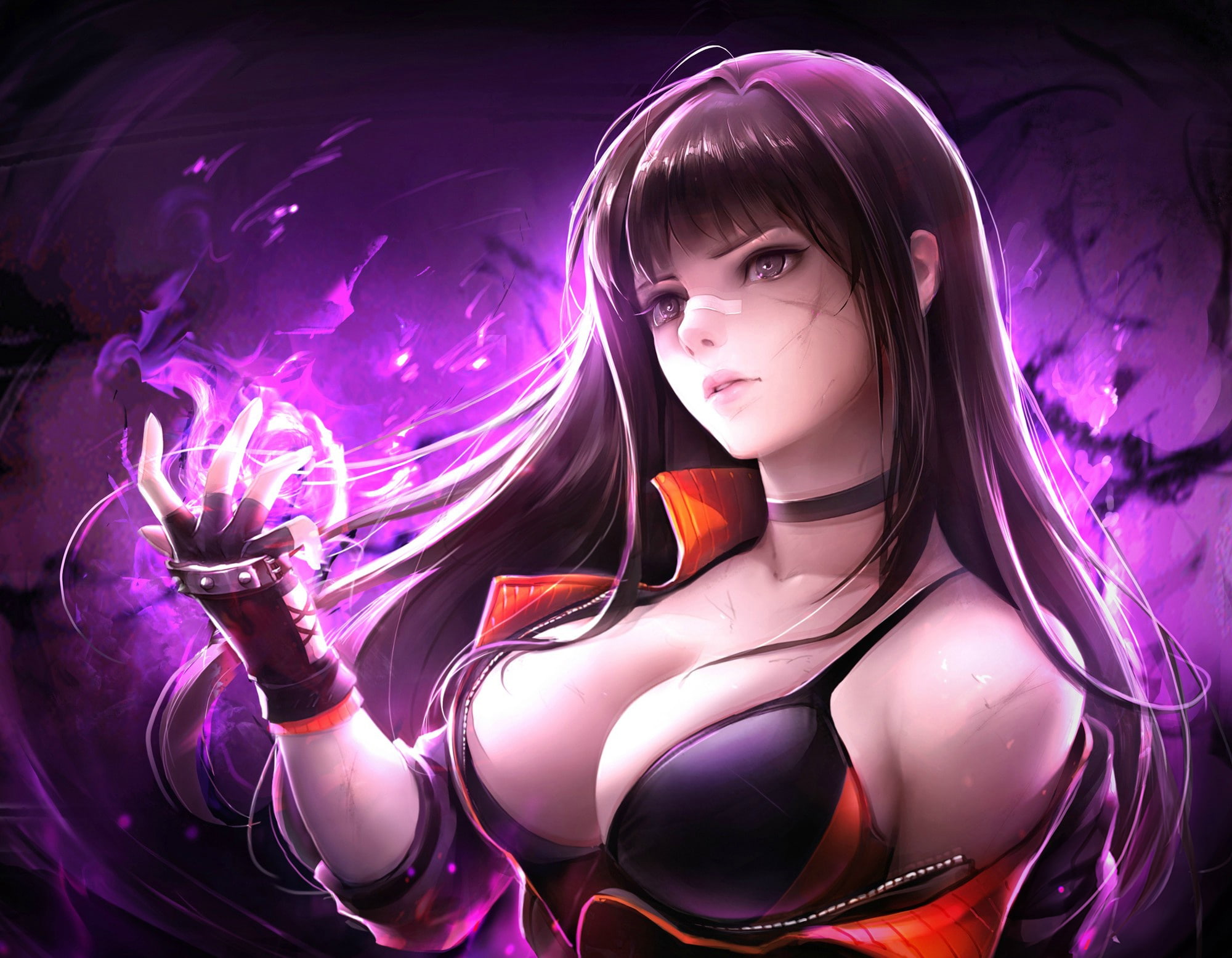 konachan, bandaid, black, (dnf), arad, female, 1080P, 261509, eyes, breasts, flute, long, com, hair, cleavage, fighter, senki, (artist), and, dungeon, HD Wallpaper