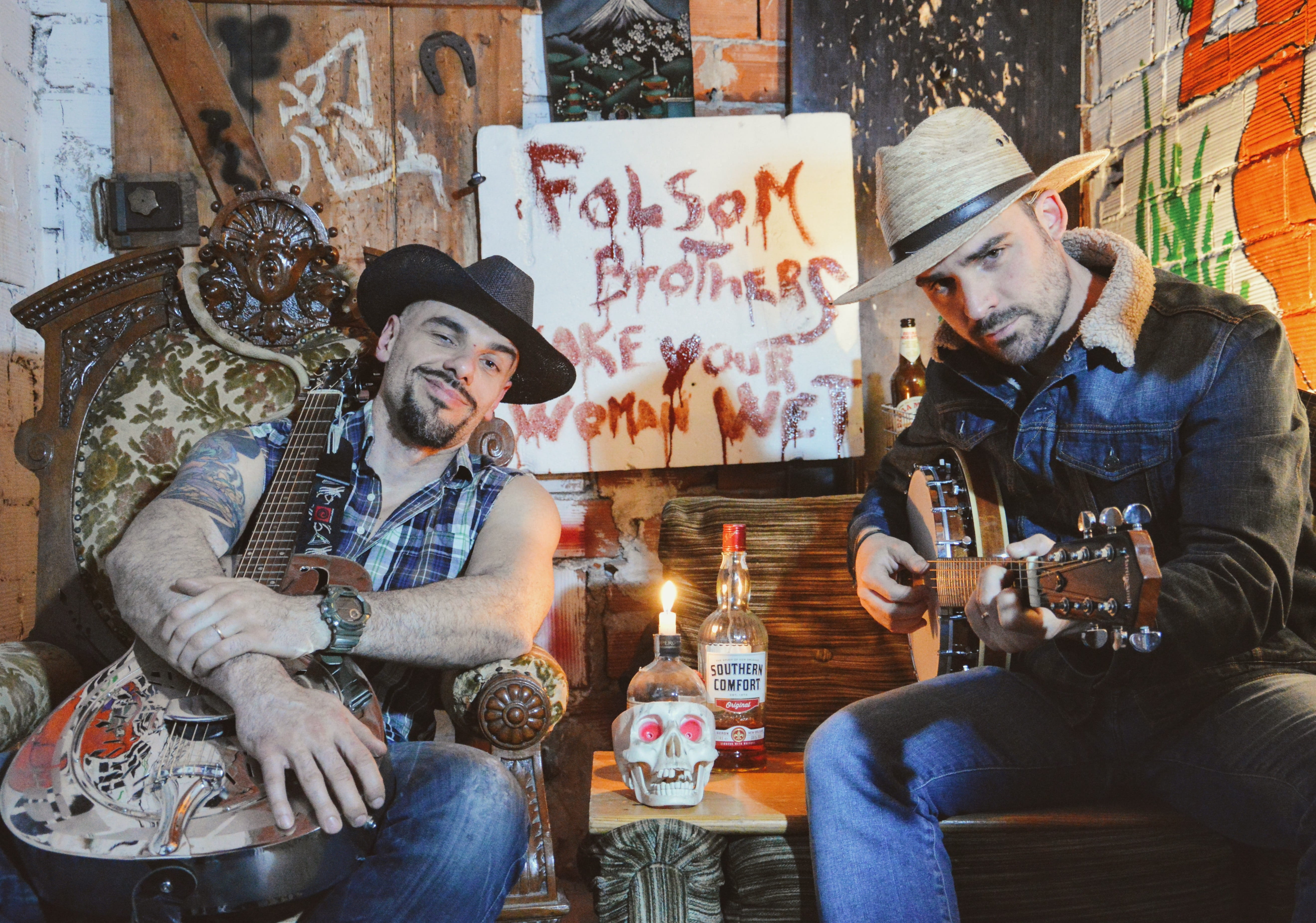 indoors, sitting, sound, blues, young men, facial hair, lifestyles, tool, art and craft, representation, guitarist, hat, 5K, folsom brothers, beard, two people, HD Wallpaper