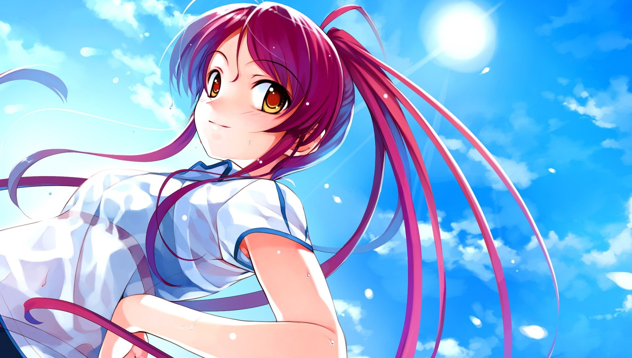 wet, seethrough, video, sky, long, Video Games, redheads, nature, heterochromia, art, red, hd, 1080P, gym, sun, hair, eyes, uni, games, Clouds, yellow, HD Wallpaper