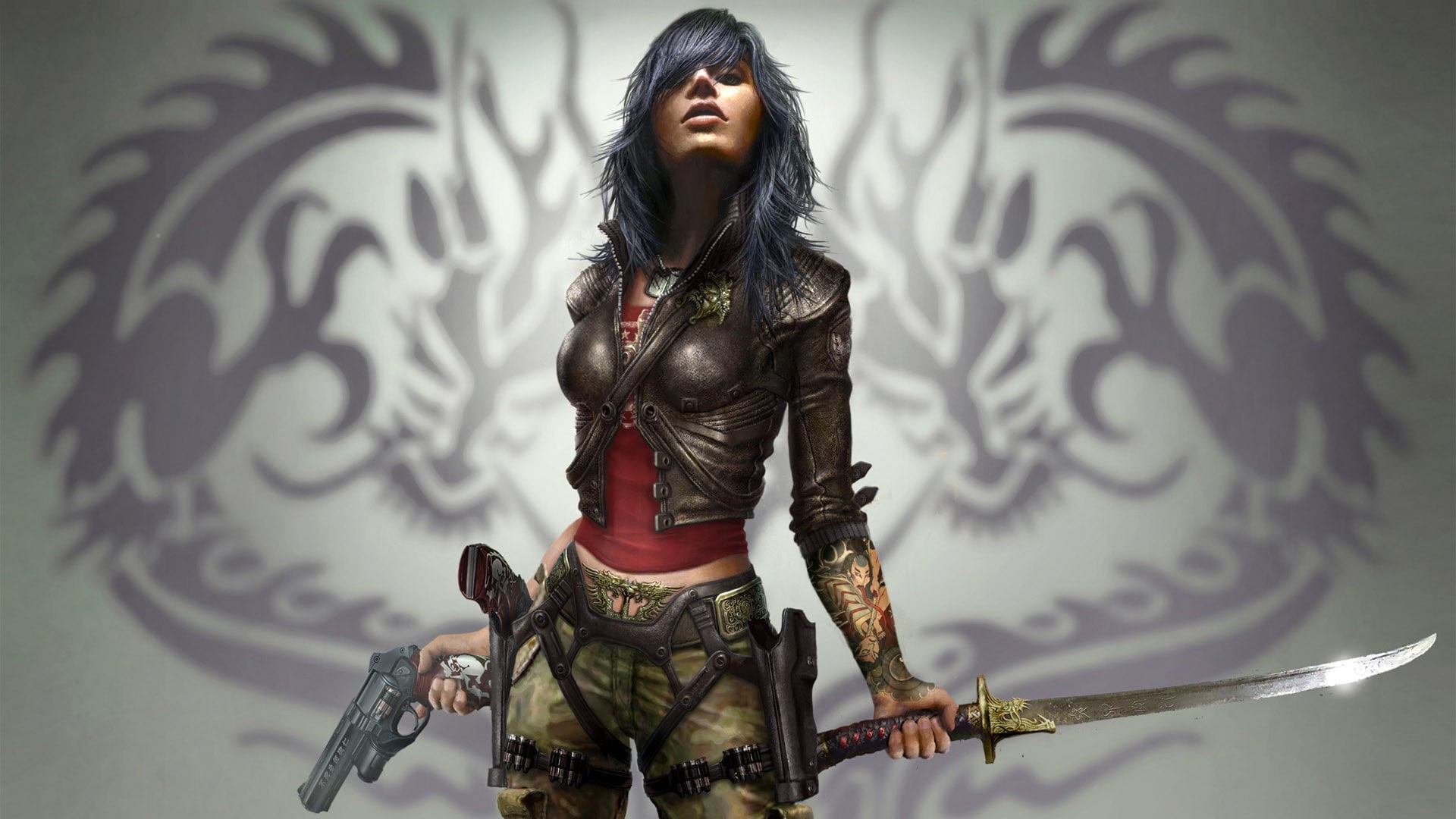 hairstyle, focus on foreground, front view, weapon, one person, day, indoors, architecture, 1080P, Wet (Video Game), craft, representation, graffiti, sculpture, HD Wallpaper