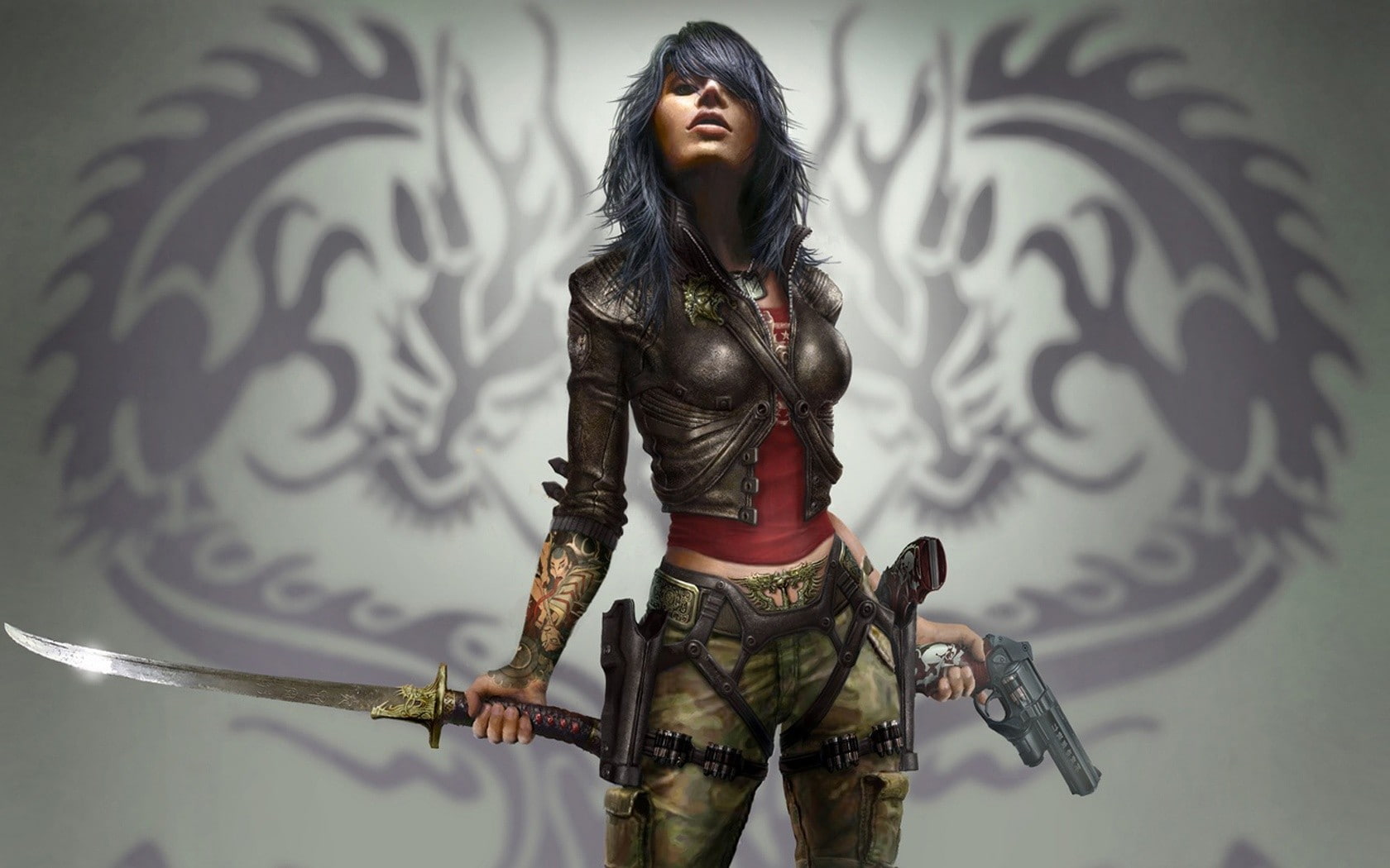 women, 720P, artwork, gun, girls with guns, fantasy art, Wet (Video Game), dark hair, warrior, sword, HD Wallpaper