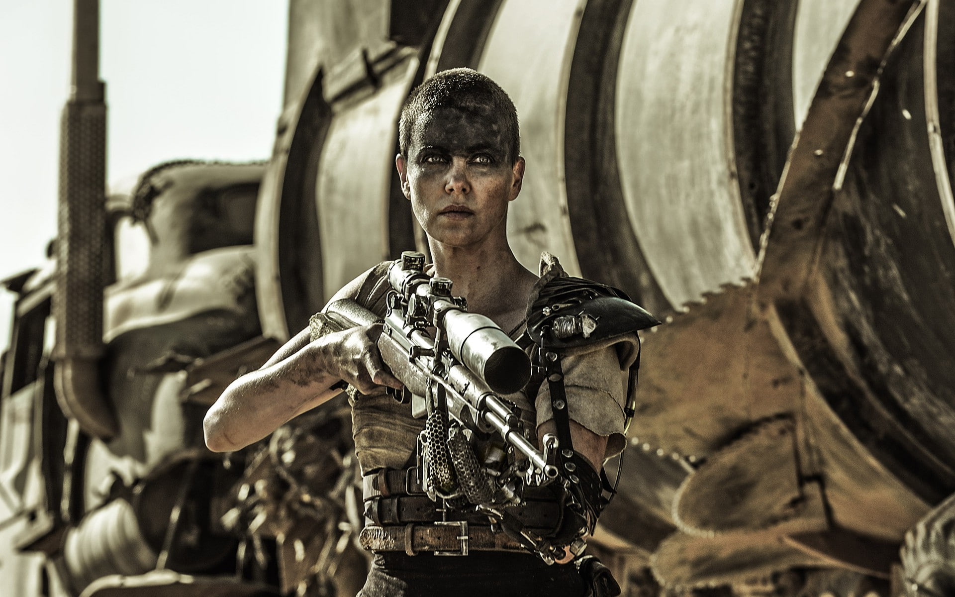weapon, 1080P, theron, imperator, truck frame, sniper, Mad Max: Fury Road, rifle, furiosa, Charlize Theron, holding, person, black, Imperator Furiosa, HD Wallpaper