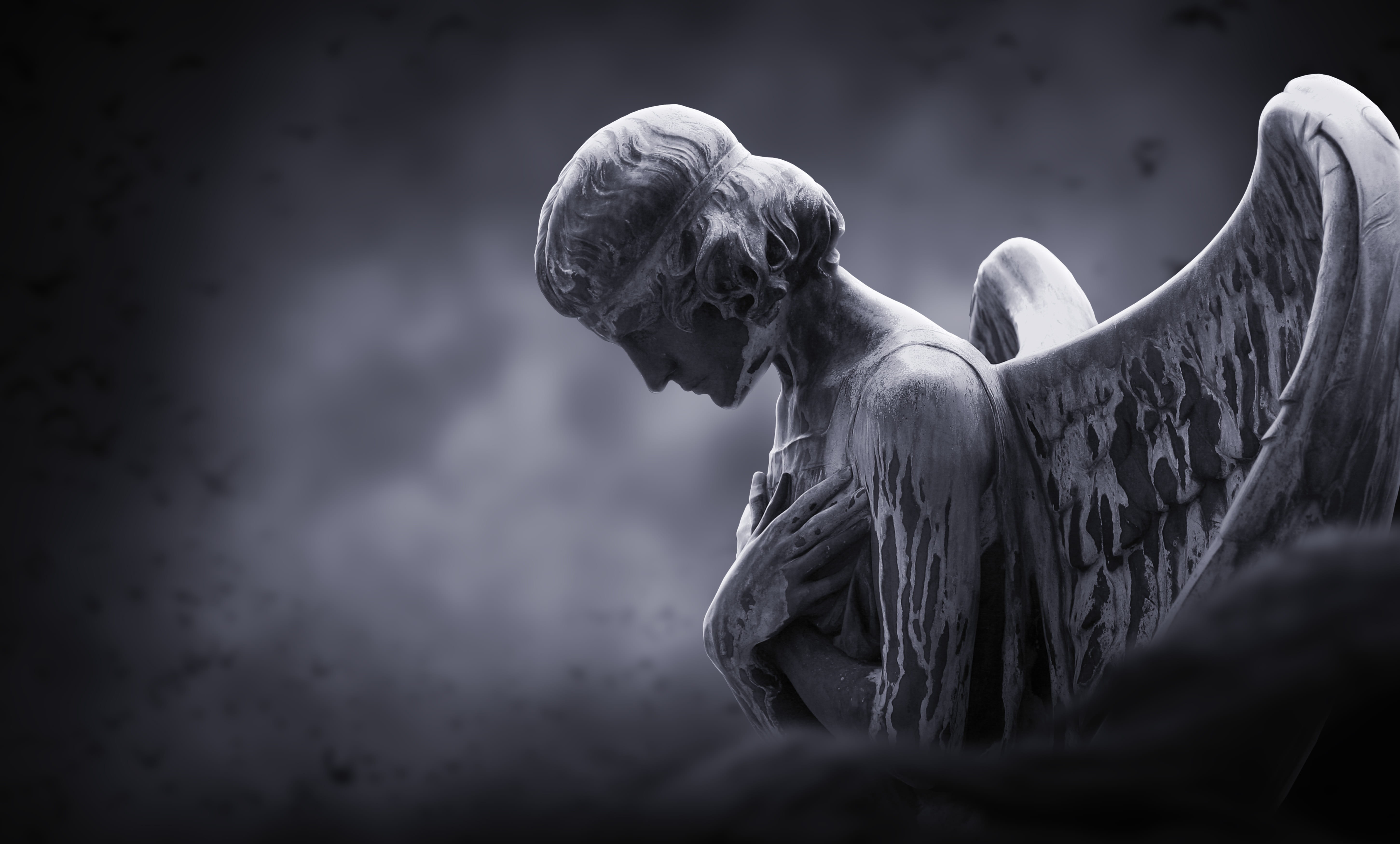 fantasy, lonely, outdoors, sculpture, selective focus, sadness, background, angel, emotion, people, human representation, 5K, gloomy, statue, HD Wallpaper