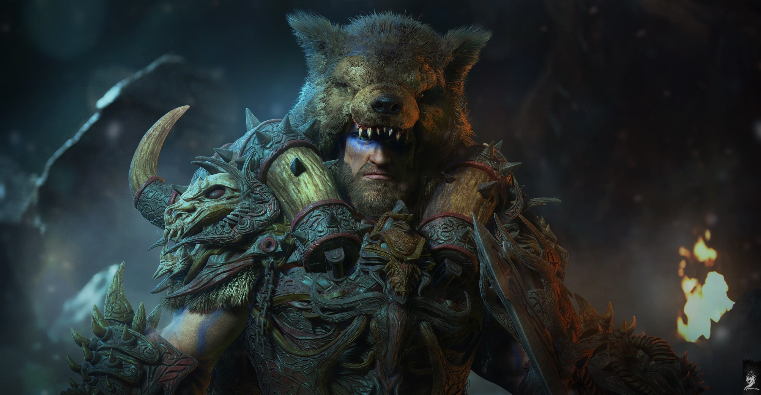 mouth open, focus on foreground, nature, horror, outdoors, emotion, aggression, fantasy, portrait, bear, 2K, front view, holding, man, skin, Barbarian, HD Wallpaper