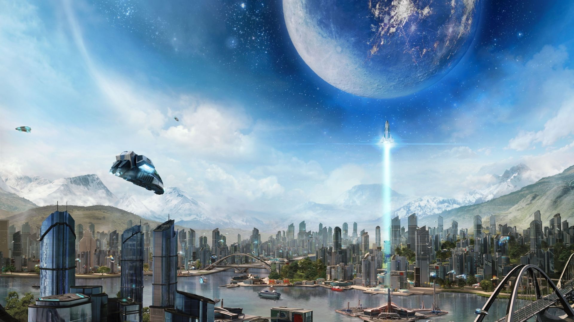 scenics - nature, 1080P, building exterior, night, built structure, Anno 2205, cloud - sky, no people, skyscraper, urban skyline, astronomy, building, HD Wallpaper