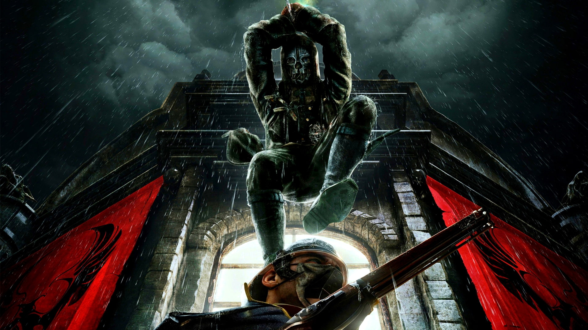 video games, hd, rain, mask, jump, dishonored, 1080P, HD Wallpaper