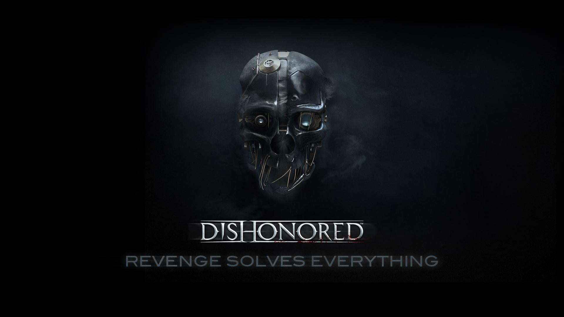 disguise, dark, fear, human body part, mask, Dishonored, mask - disguise, text, evil, western script, aggression, black background, communication, 1080P, HD Wallpaper