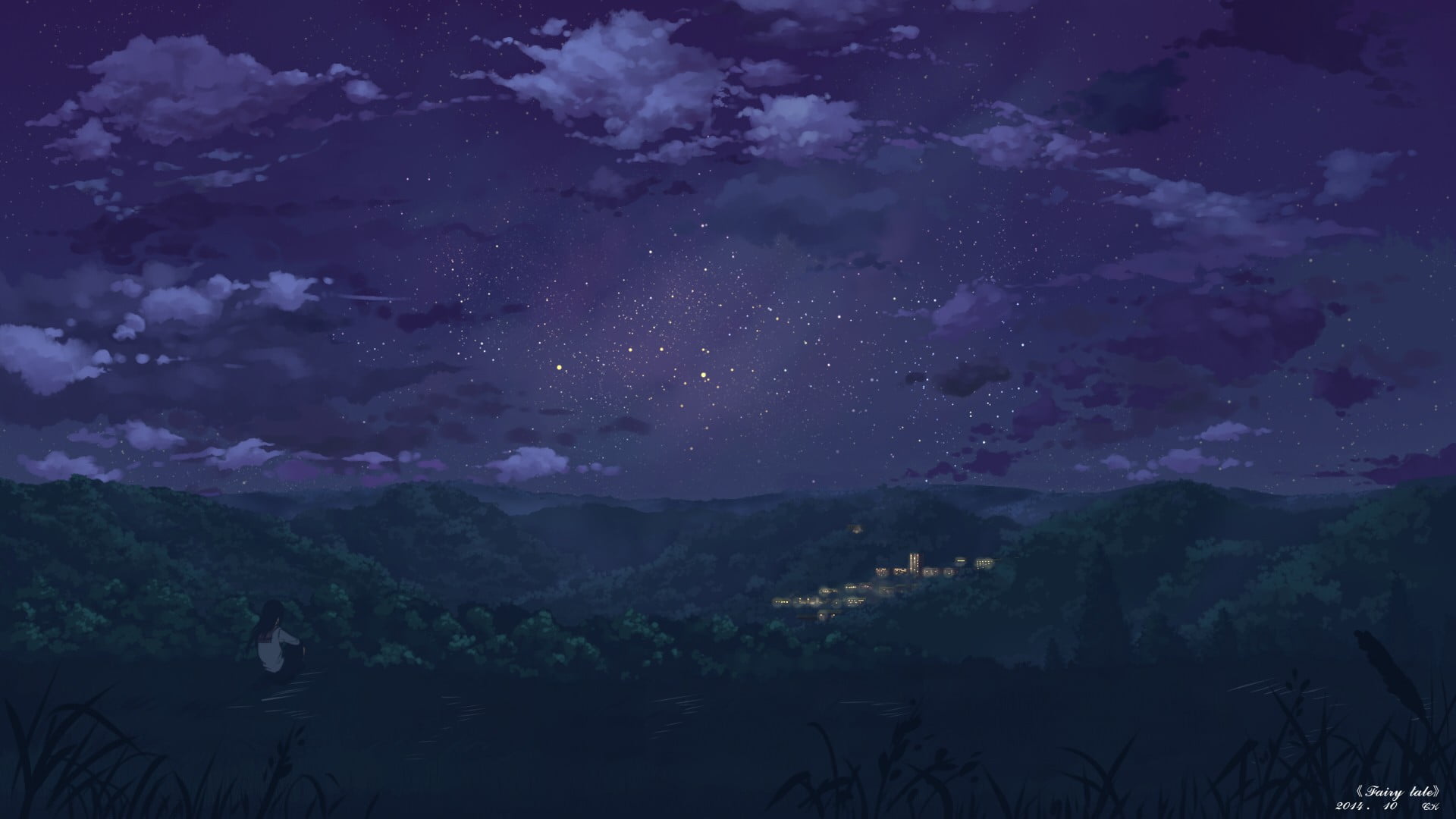 anime, sky, space, galaxy, stars, astronomy, idyllic, star, untitled, silhouette, night, beauty in nature, 1080P, outdoors, cloud - sky, tree, star - space, HD Wallpaper