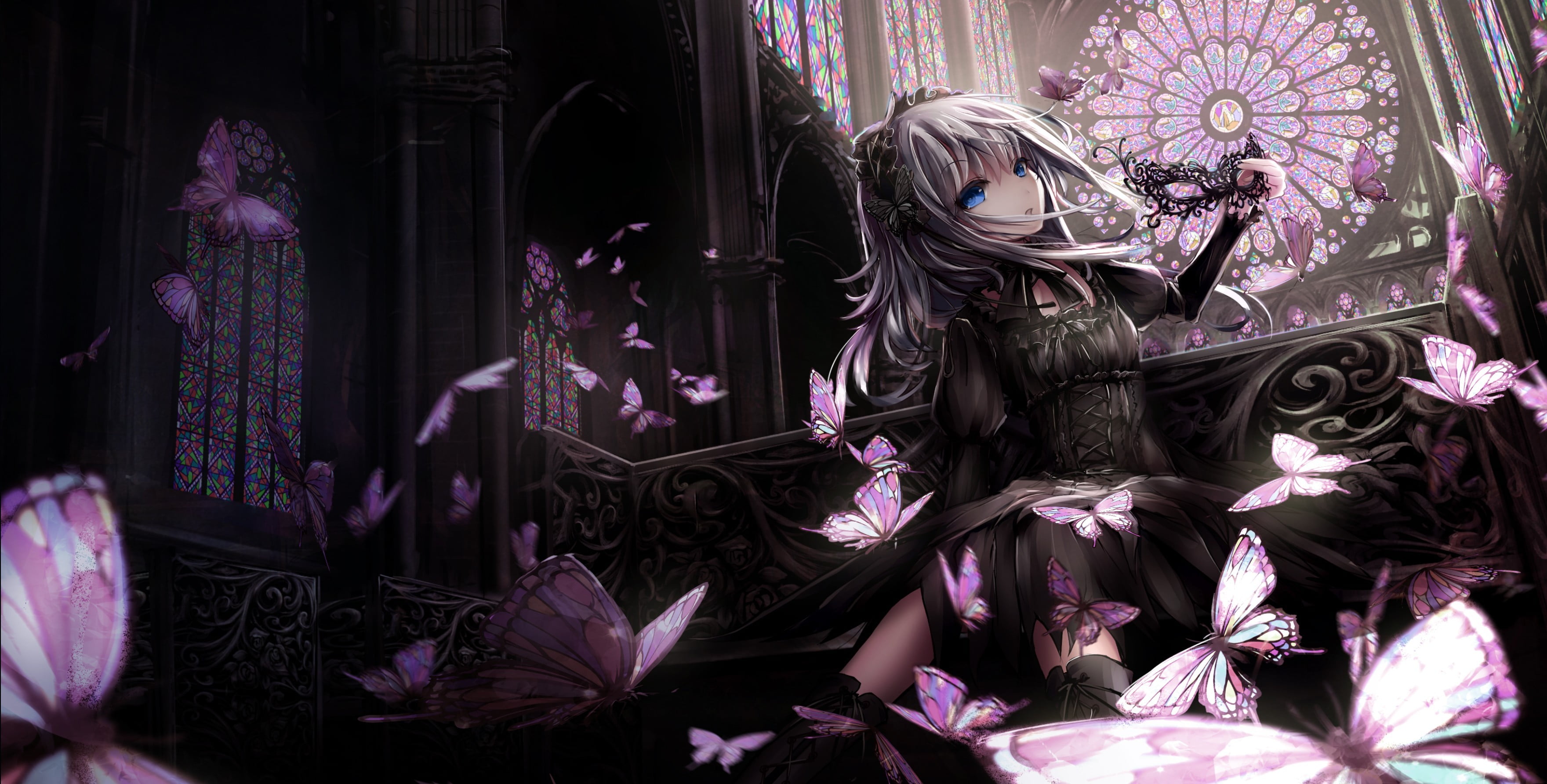 flower, 2K, plant, representation, no people, creativity, human representation, Gothic, architecture, outdoors, anime, nature, pink color, purple, anime girls, HD Wallpaper
