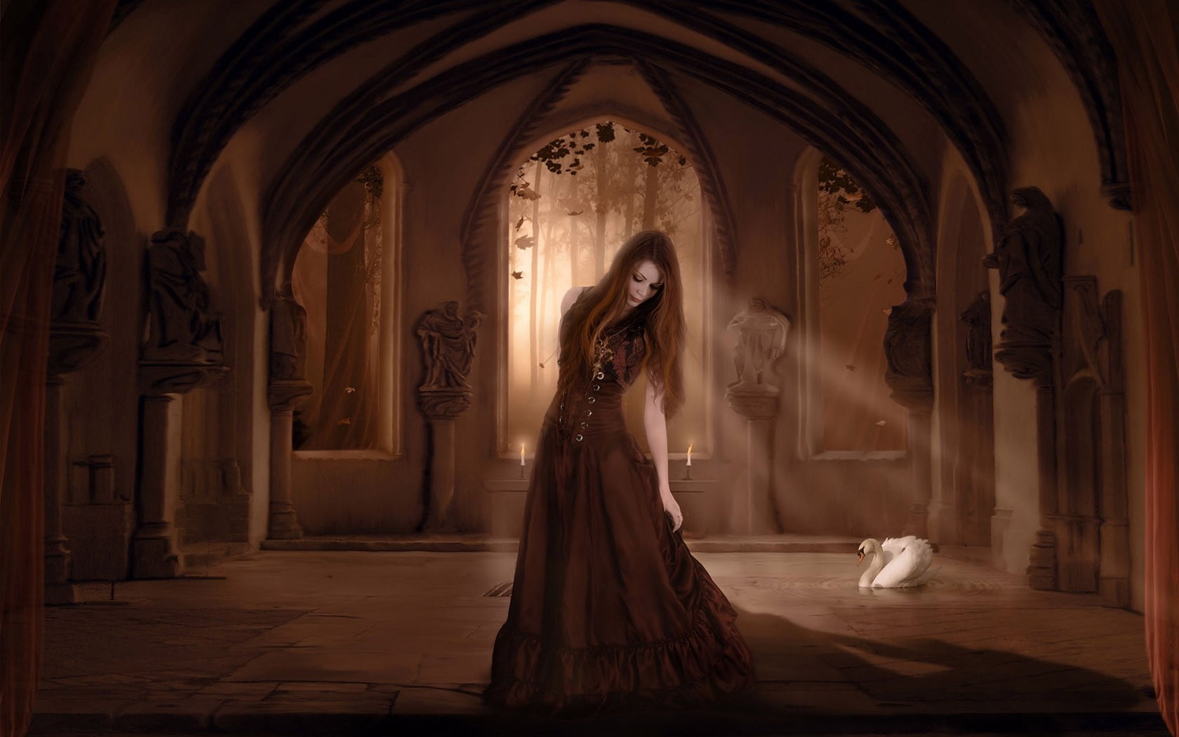 s, building, young women, long hair, hair, sleeveless, one person, dress, full length, architecture, lifestyles, hairstyle, clothing, brown, indoors, Gothic, HD Wallpaper