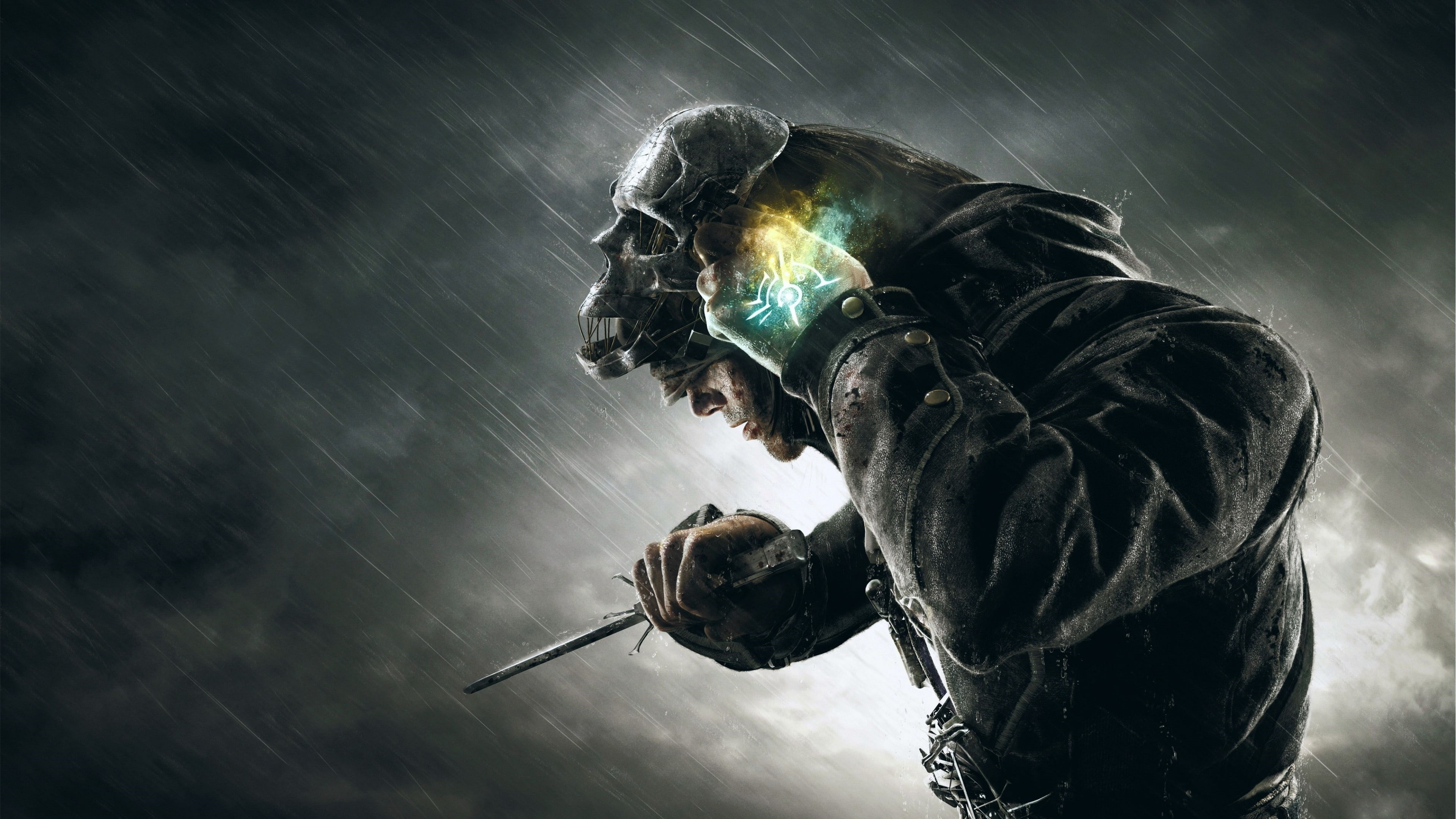 video games, digital composite, sky, men, outdoors, nature, Dishonored, motion, people, aggression, clothing, adult, waist up, low angle view, 4K, anger, HD Wallpaper
