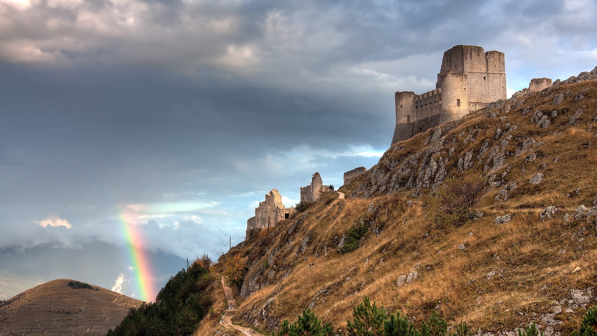 Rocca Calascio, castle, ruins, rainbows, Italy, 1080P, HD Wallpaper