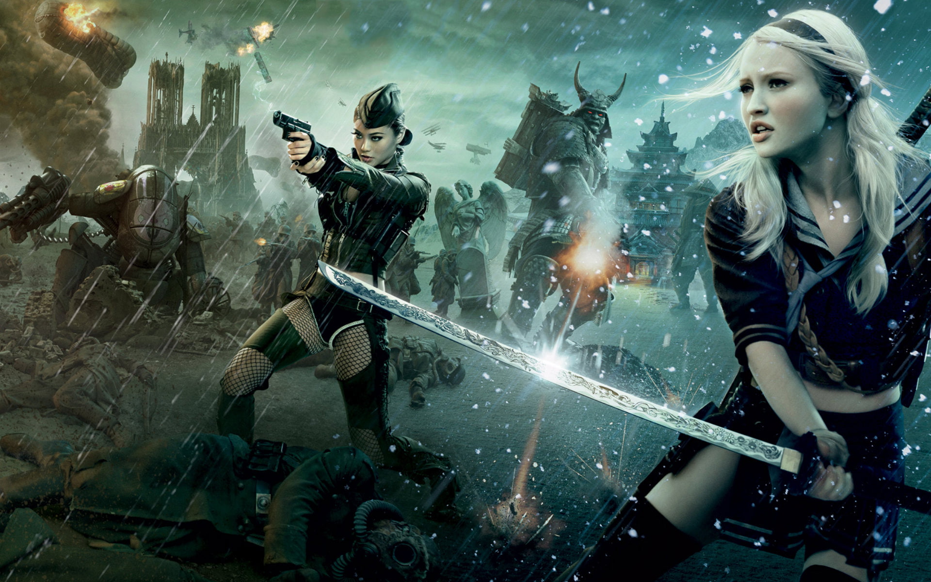 motion, military, event, fighting, women, looking, group of people, Jamie Chung, weapon, rock music, 1080P, Emily Browning, beautiful woman, people, adult, HD Wallpaper