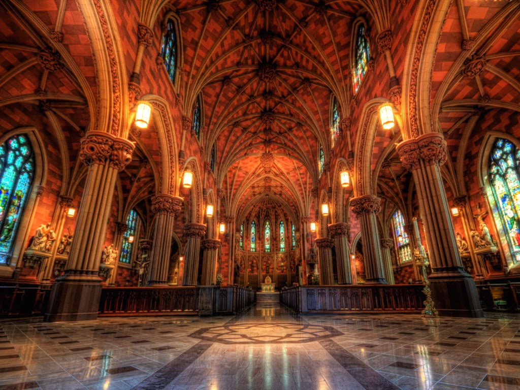 flooring, ceiling, in a row, cathedral, arch, 480P, history, arched, gray, built structure, the past, indoors, spirituality, architecture, illuminated, HD Wallpaper