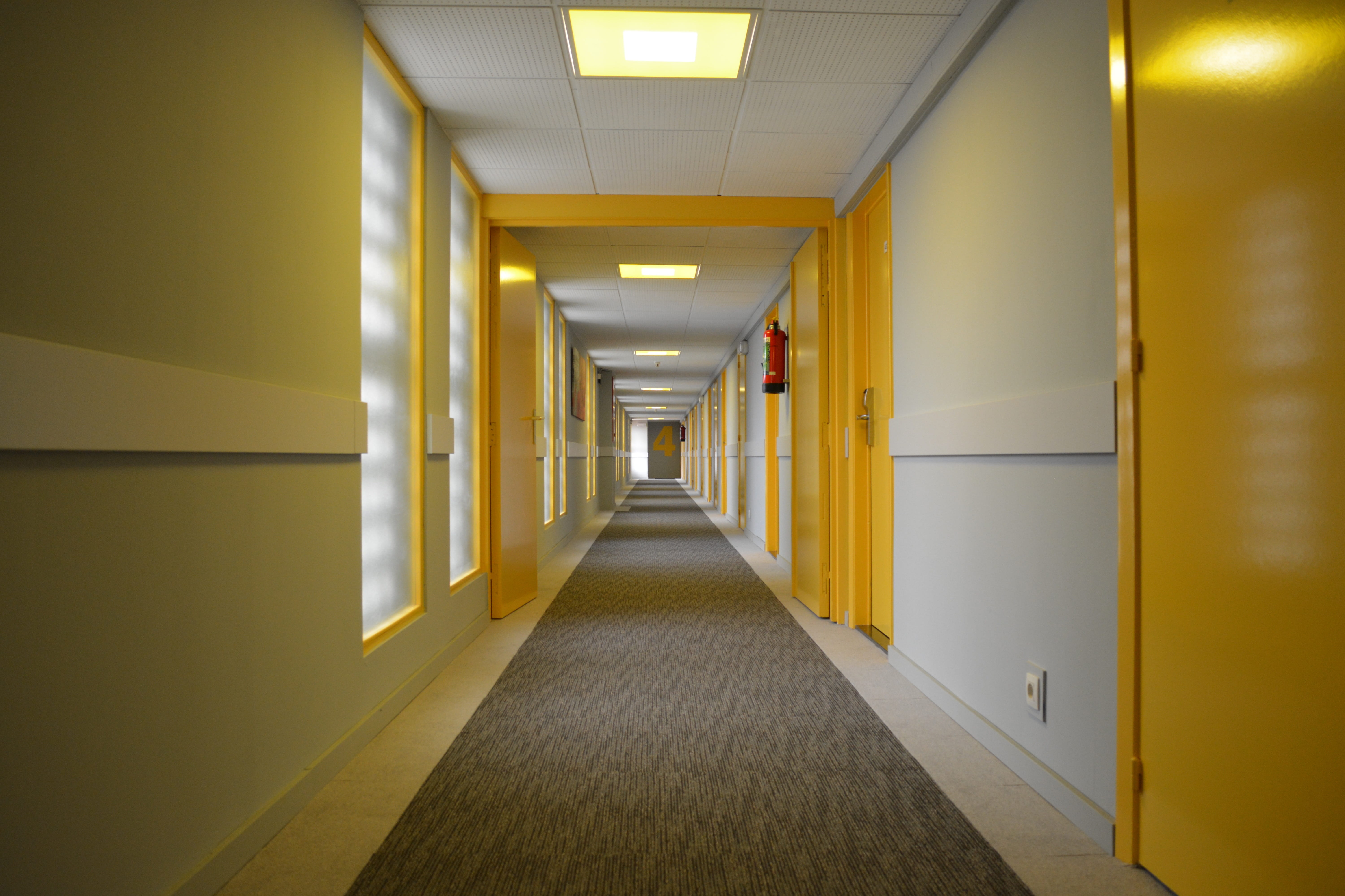 corridor, no people, ostendstars hotel, lighting equipment, empty, long, diminishing perspective, illuminated, light, flooring, perspective, hotel, building, HD Wallpaper