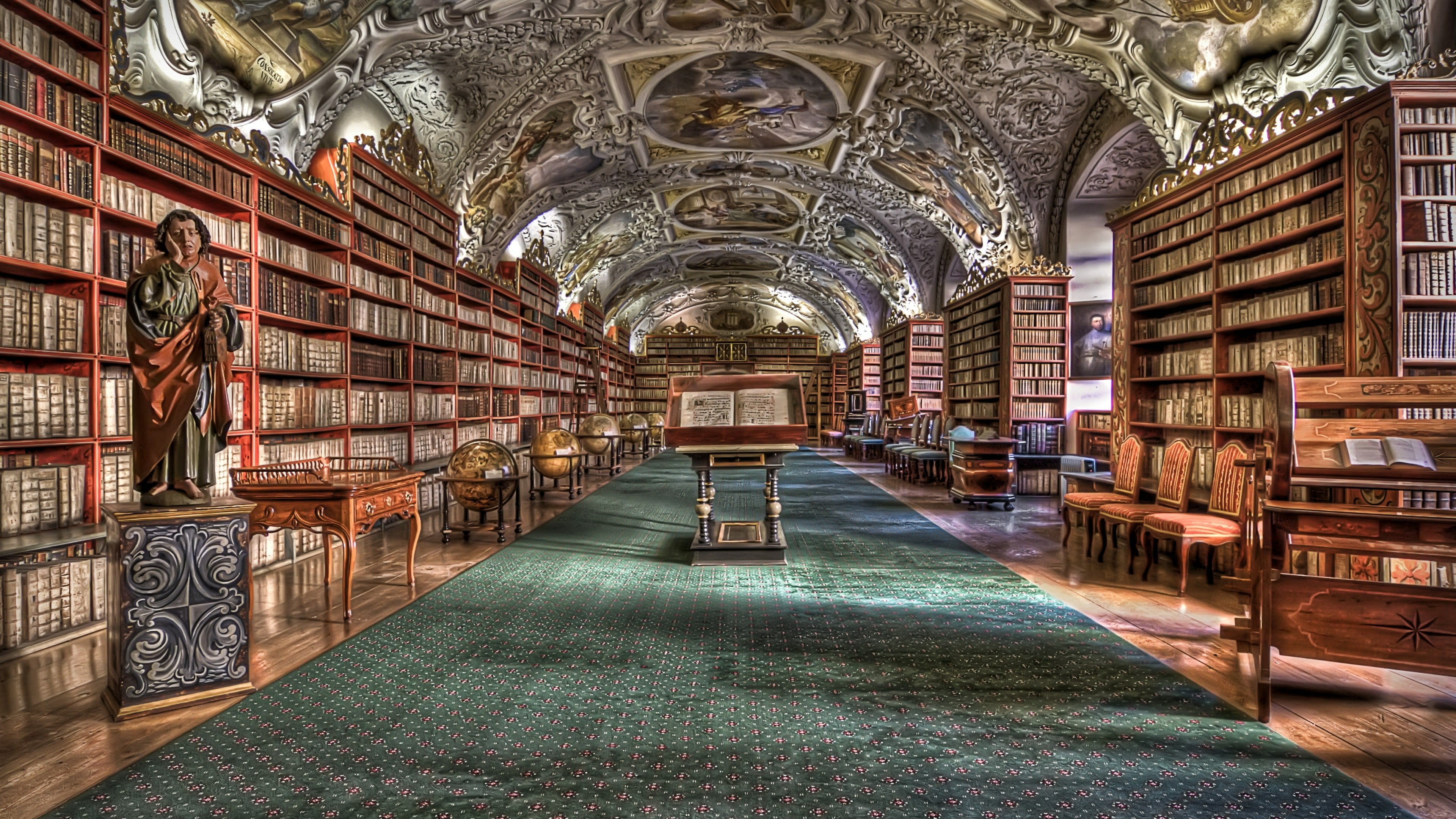 in a row, europe, mural, ornate, the past, belief, strahov, fresco, shelf, czech republic, history, library, travel destinations, building, built structure, HD Wallpaper