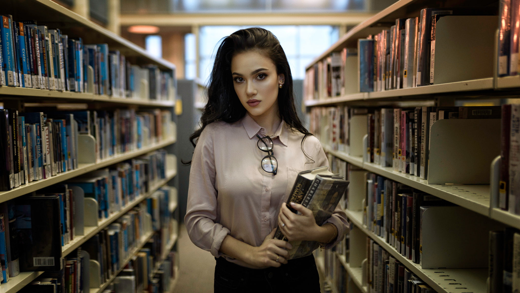 books, Sergei Fedorov, glasses, 1080P, women, Tess Buchatsky, depth of field, portrait, HD Wallpaper