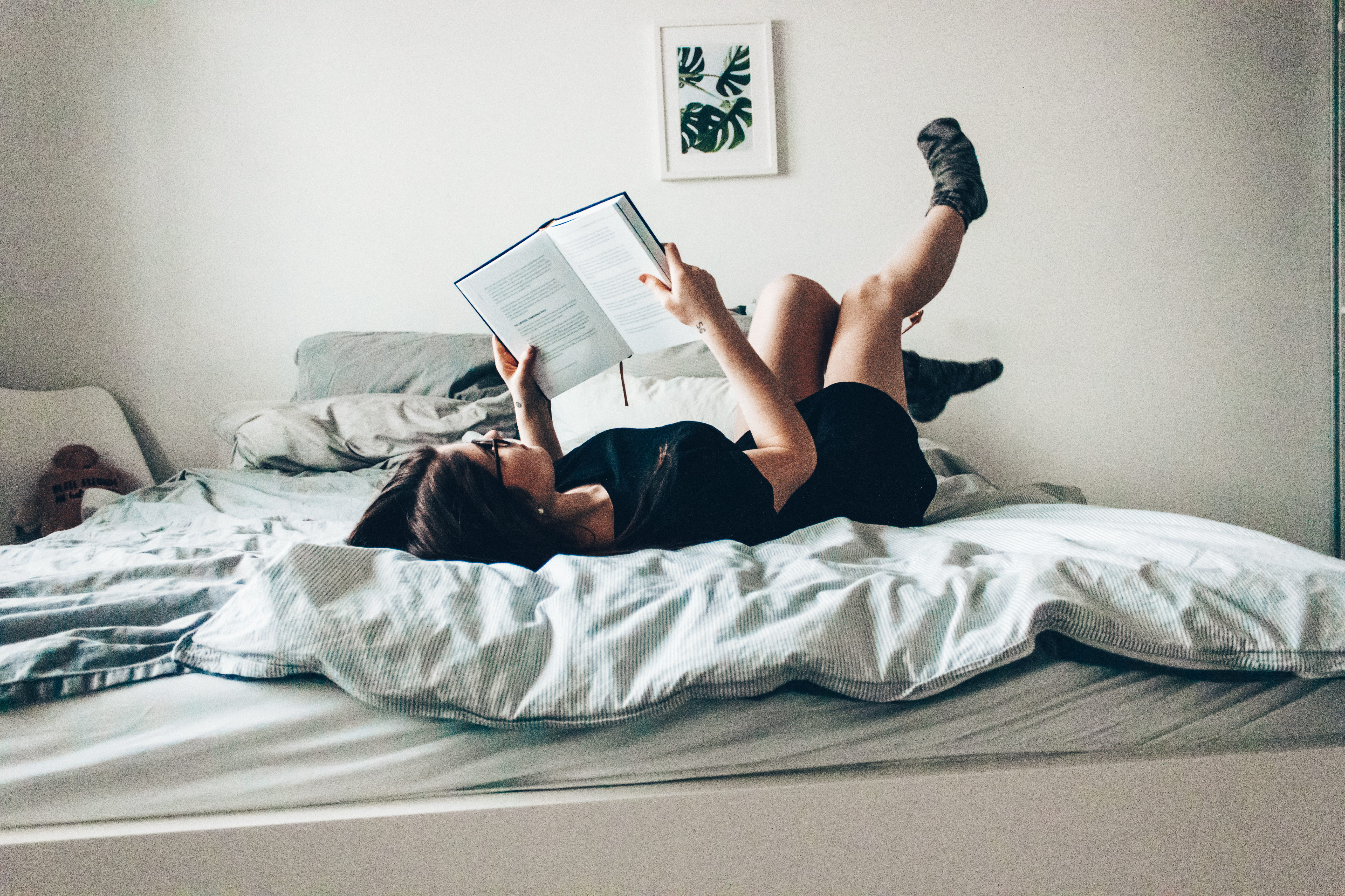room, casual clothing, flooring, domestic room, lying, studying, woman, heel, plant, lifestyles, bedroom, lying down, activity, one person, publication, HD Wallpaper