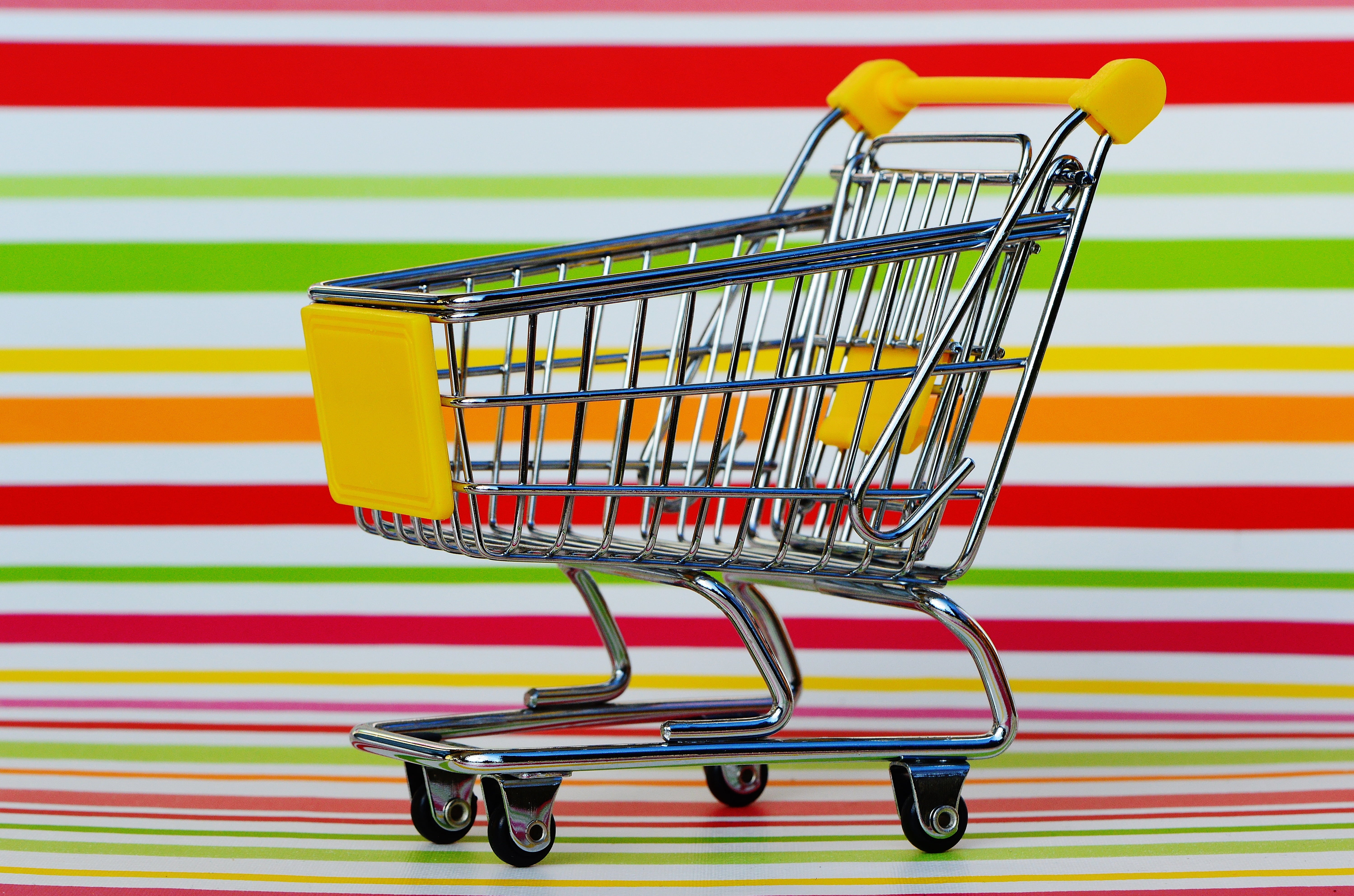 indoors, retail, colored background, supermarket, store, yellow, list, buying, shopping basket, no people, groceries, transport, candy, wheel, multi colored, HD Wallpaper