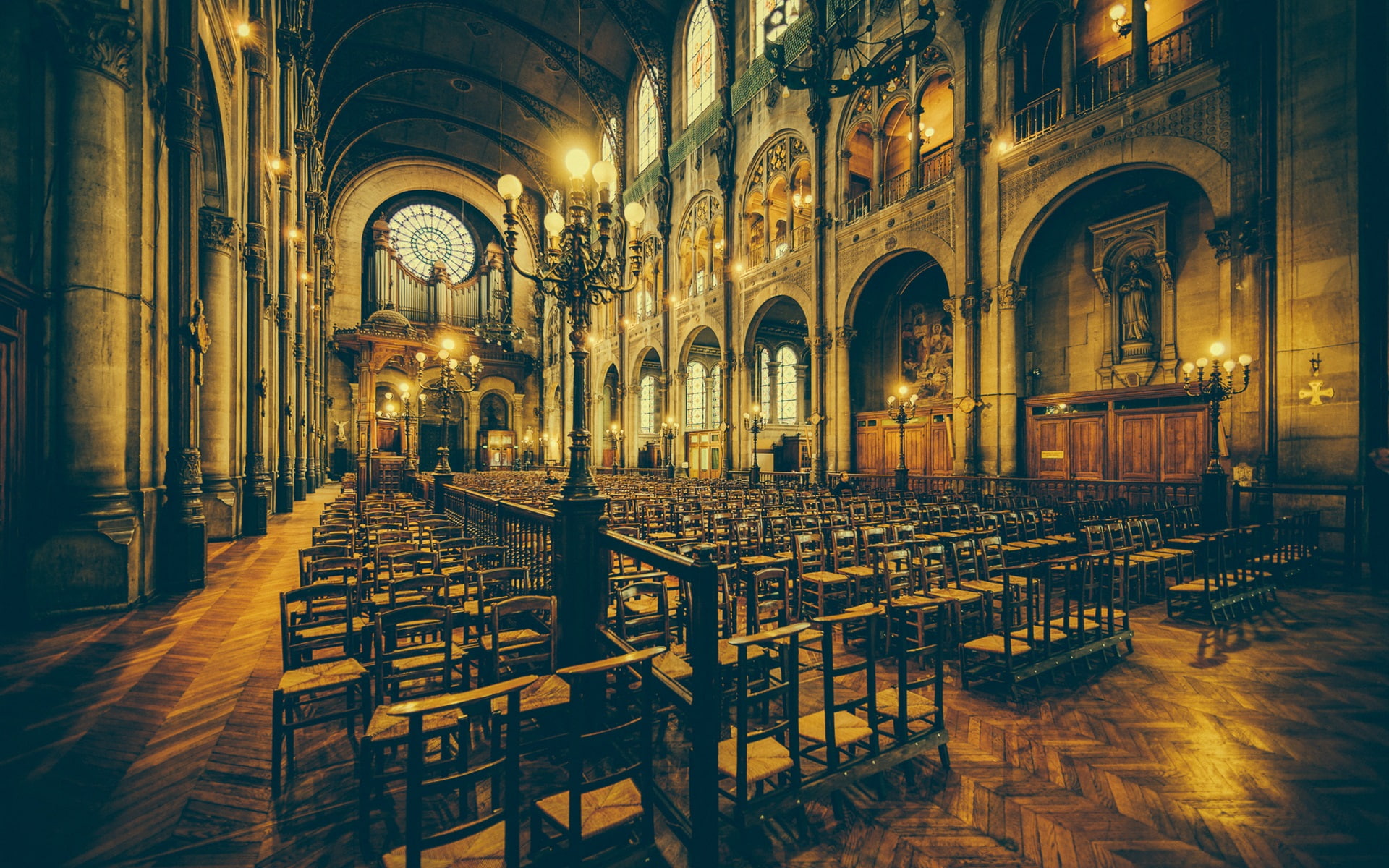 Lights, close, Indoor, Church, Benches, 1080P, HD Wallpaper