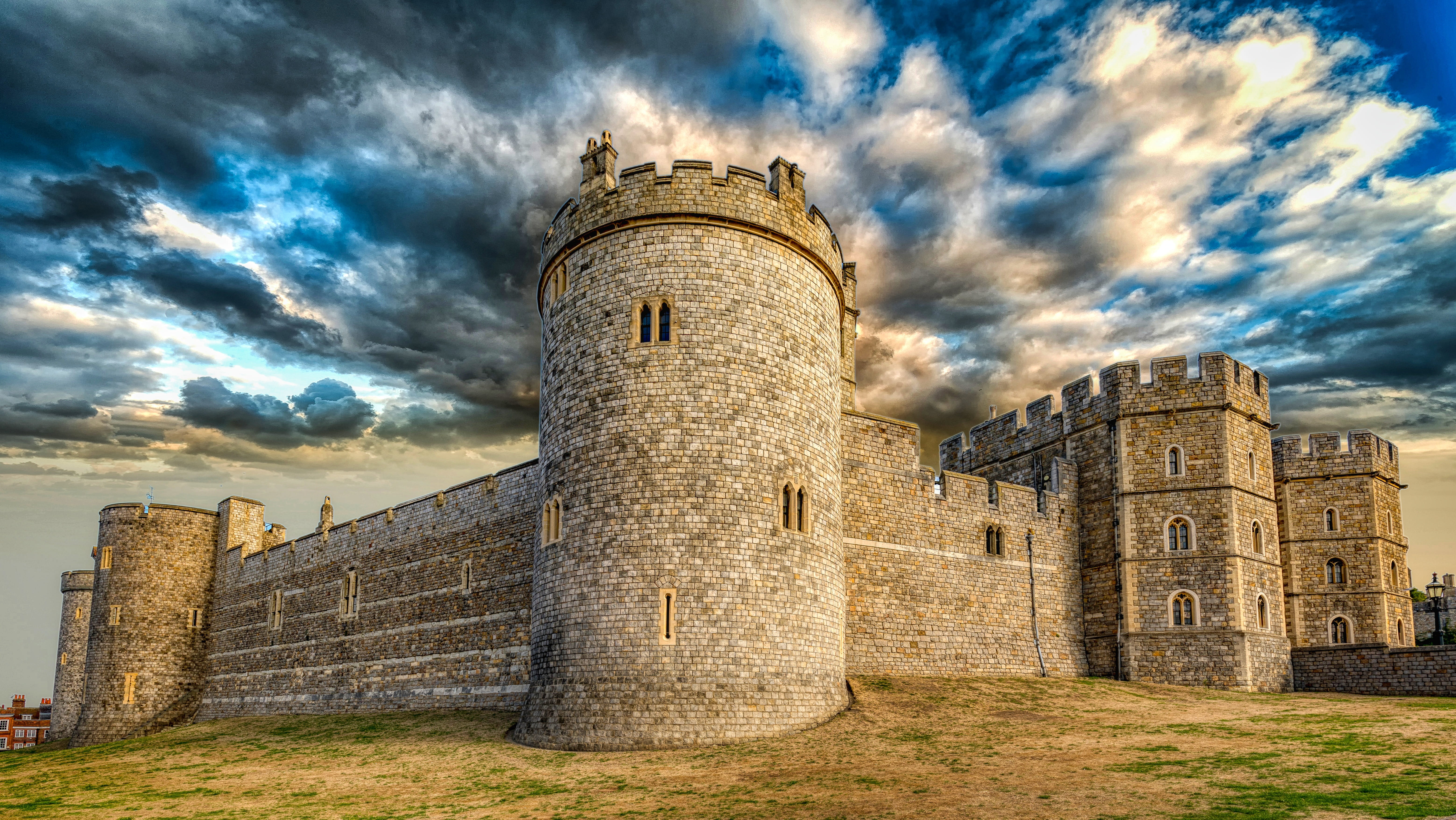 stone wall, ancient civilization, history, old ruin, travel, london, low angle view, cloud - sky, wall, sky, 5K, places of interest, windsor, fort, united kingdom, HD Wallpaper