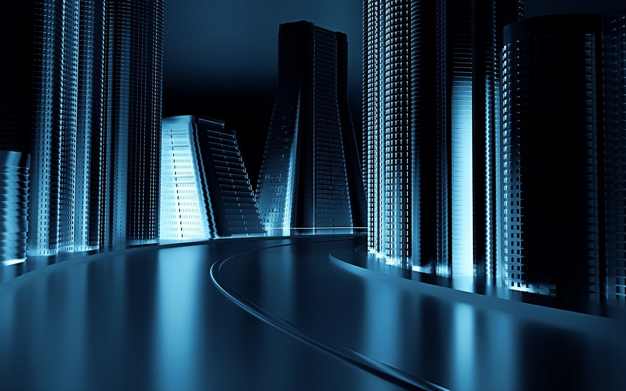d, connection, architecture, blue, building, illuminated, skyscraper, city, office building exterior, aisle, business, reflection, high, office, science fiction, HD Wallpaper
