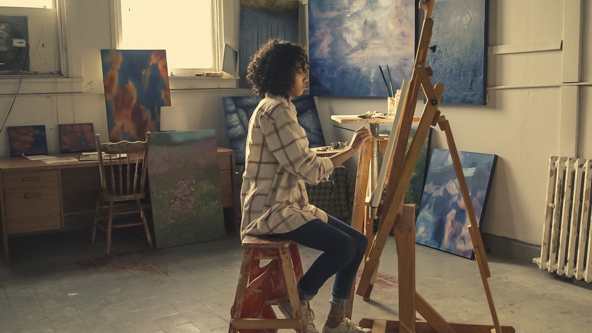 Canvas, brush, easel, Womens Day, full length, casual clothing, Women, paint, one person, art studio, art and craft, Painting, painter, 1080P, paintings, HD Wallpaper