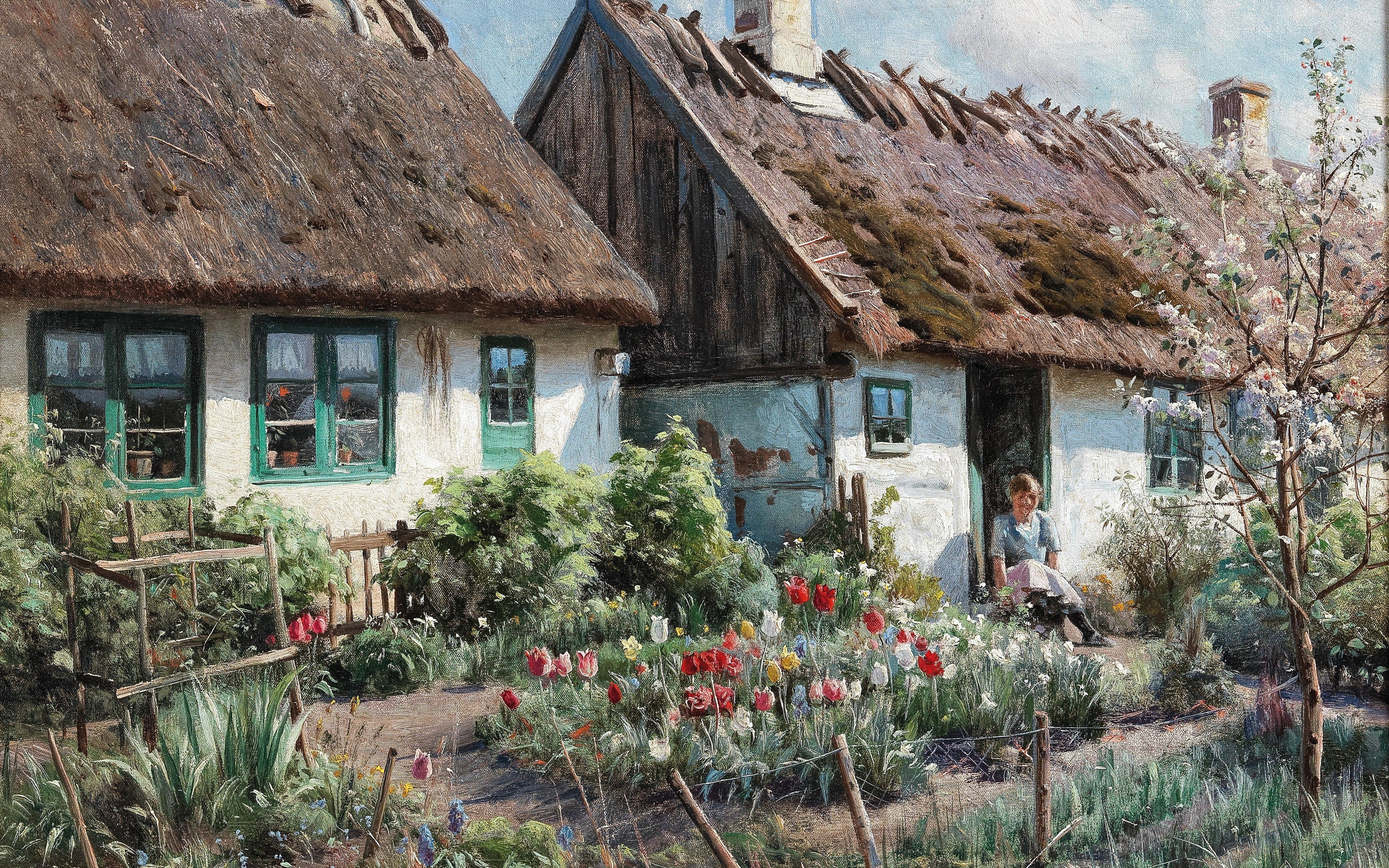 Springtime in a Rustic Garden, Peter Merk Of Menstad, 4K, Spring in the village garden, Danish painter, Danish realist painter, 1923, oil on canvas, Peder, HD Wallpaper
