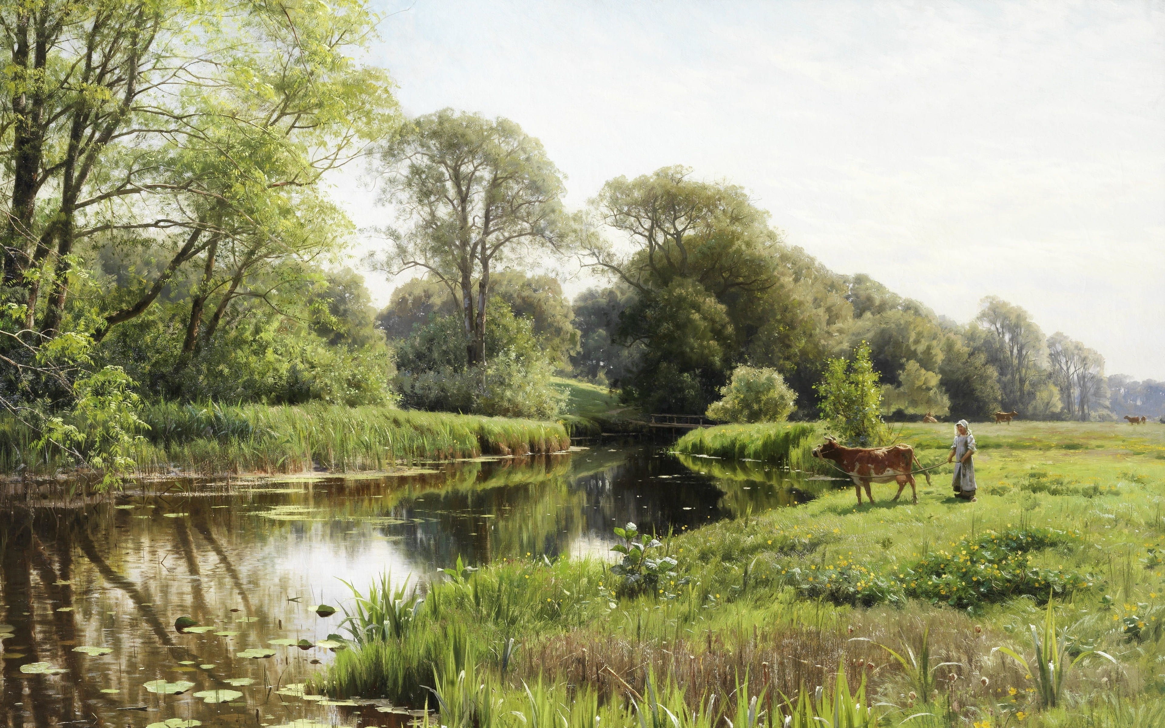 Grazing by a river, Peter Merk Of Menstad, Danish painter, Peder Mørk Mønsted, 1908, Danish realist painter, 4K, Grazing by the river, HD Wallpaper