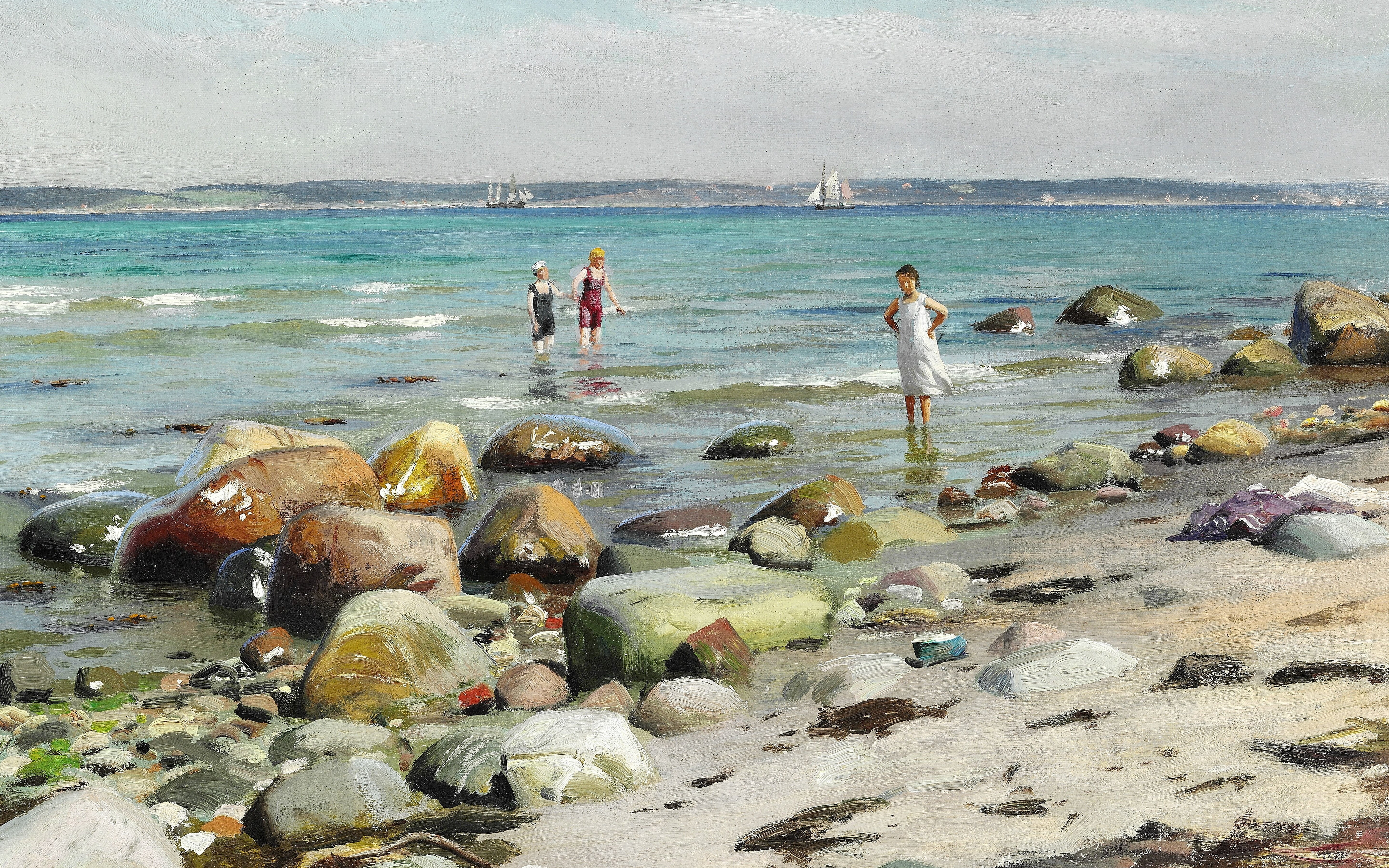Peder Mørk Mønsted, Danish painter, 5K, Peter Merk Of Menstad, Young women bathe on the beach in Alsgarde, Danish realist painter, Young women bathing at the beach at Ålsgårde, HD Wallpaper