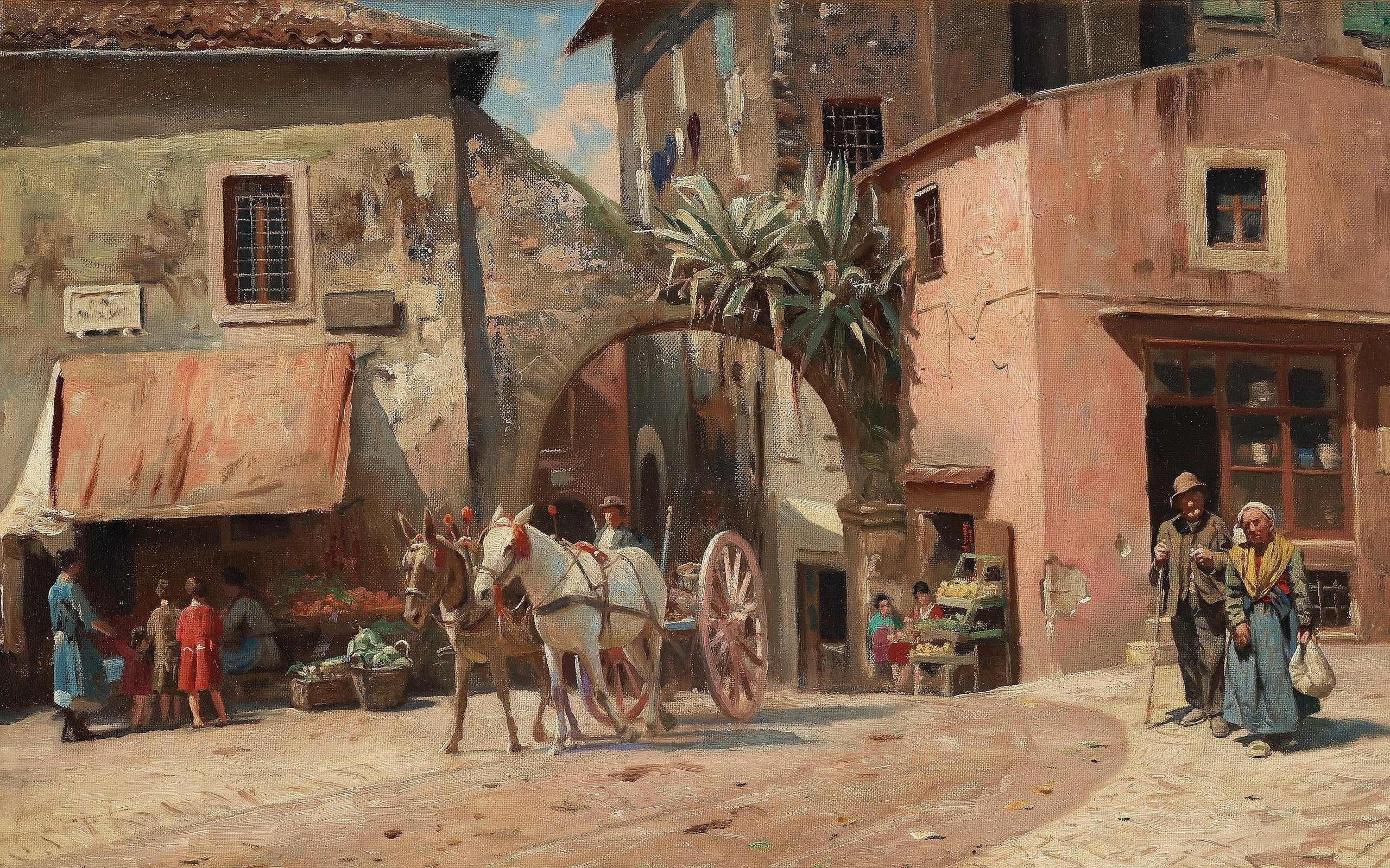 2K, Street scene from Tivoli, Italy, Danish realist painter, Danish painter, 1928, Peter Merk Of Menstad, Peder Mørk Mønsted, HD Wallpaper