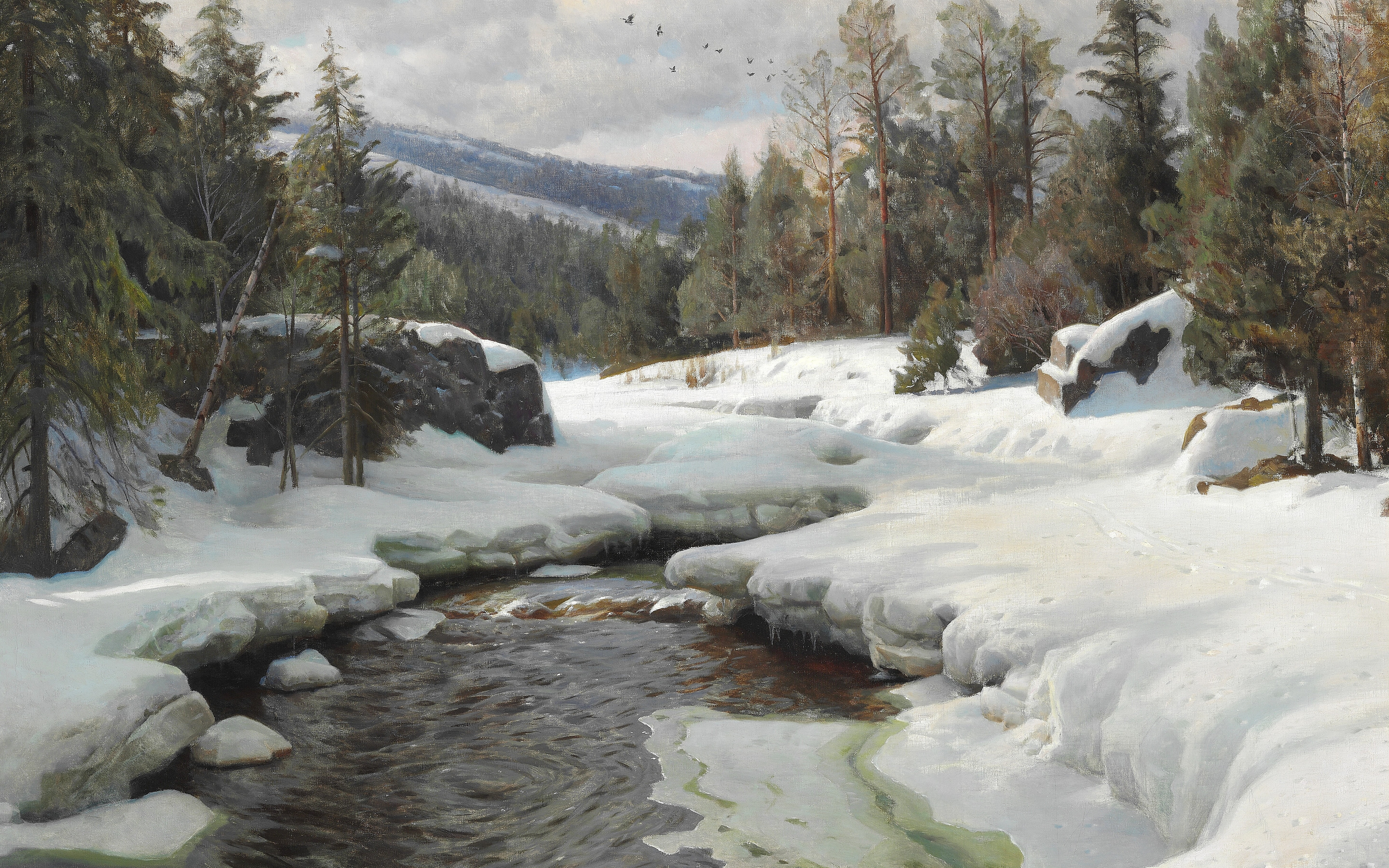 Danish painter, Peter Merk Of Menstad, 5K, Danish realist painter, oil on canvas, 1935, Norway, A day in April with the spring thaw, A day in April with spring thaw, HD Wallpaper