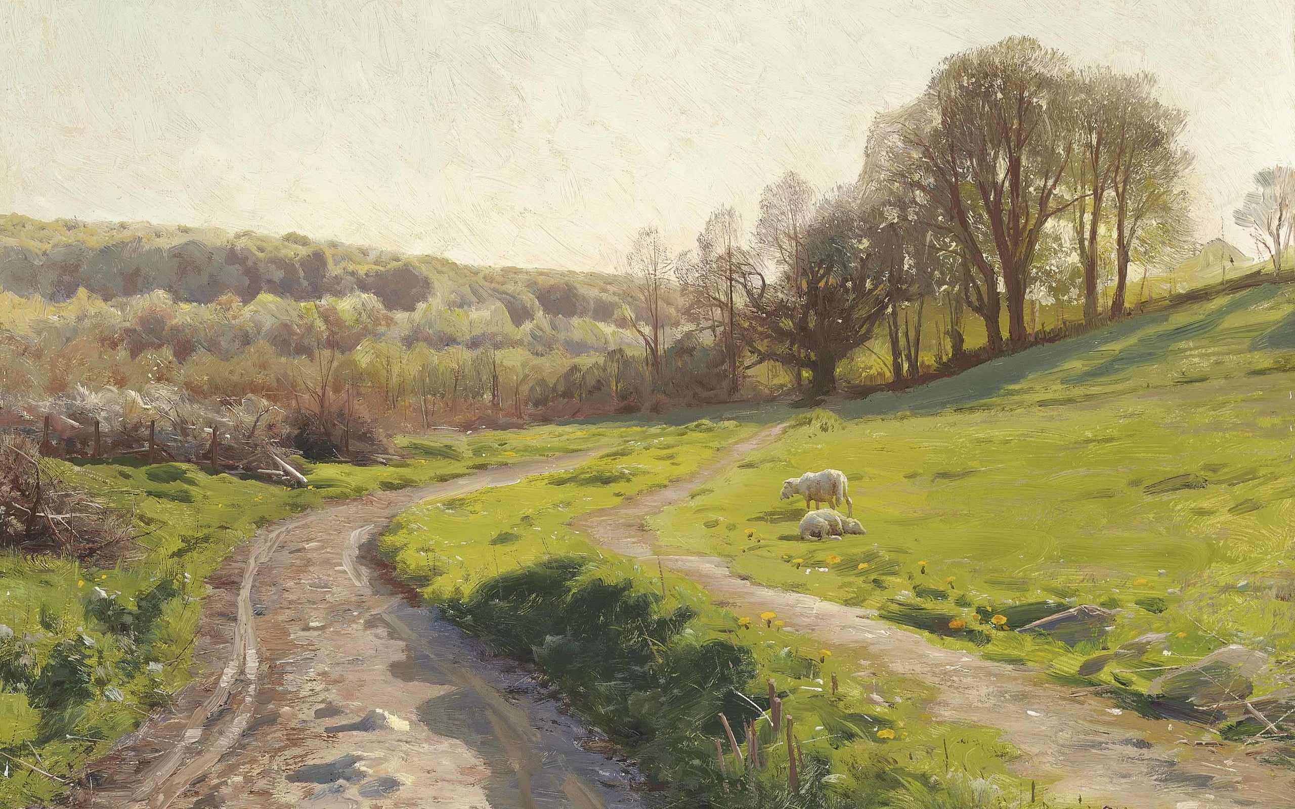 1913, Landscape with Sheep, 2K, Peder Mørk Mønsted, Danish painter, Peter Merk Of Menstad, Danish realist painter, oil on canvas, HD Wallpaper