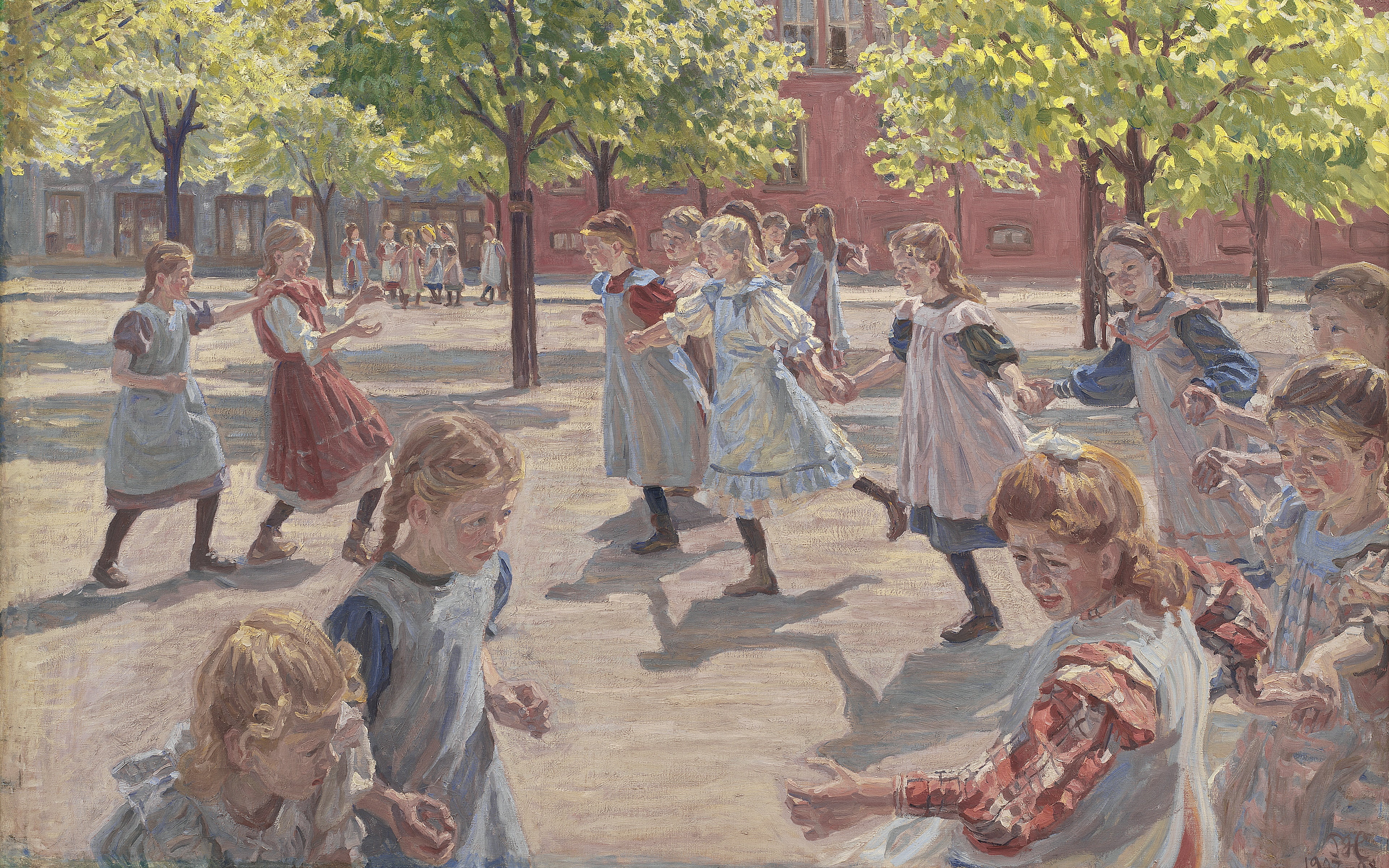 4K, Danish realist painter, 1907-1908, Statens Museum for Kunst, Peter Hansen, Copenhagen, Playful children. Enghave Plads, Oil on canvas, Peter Marius Hansen, HD Wallpaper