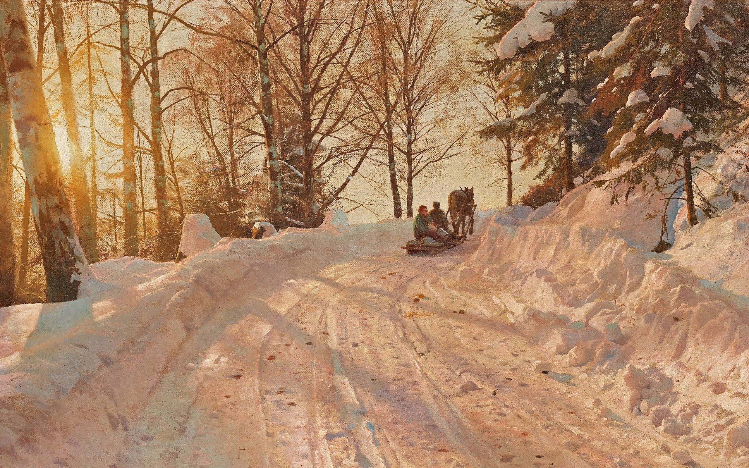1918, Peder Mørk Mønsted, 2K, Peter Merk Of Menstad, Danish realist painter, Winter landscape with sleigh, Danish painter, HD Wallpaper