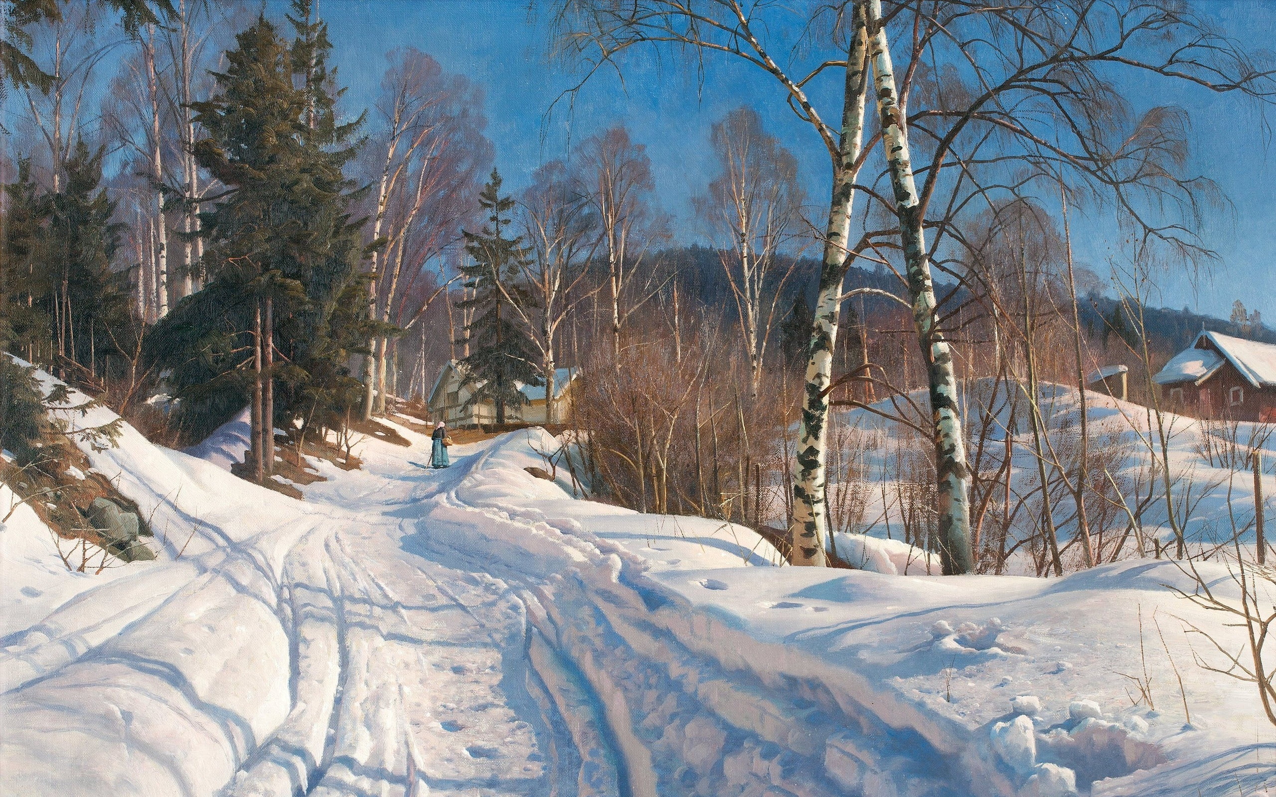 1919, Peter Merk Of Menstad, Sunny winter landscape, Danish painter, Danish realist painter, Sunlit winter landscape, Peder Mørk Mønsted, 2K, HD Wallpaper