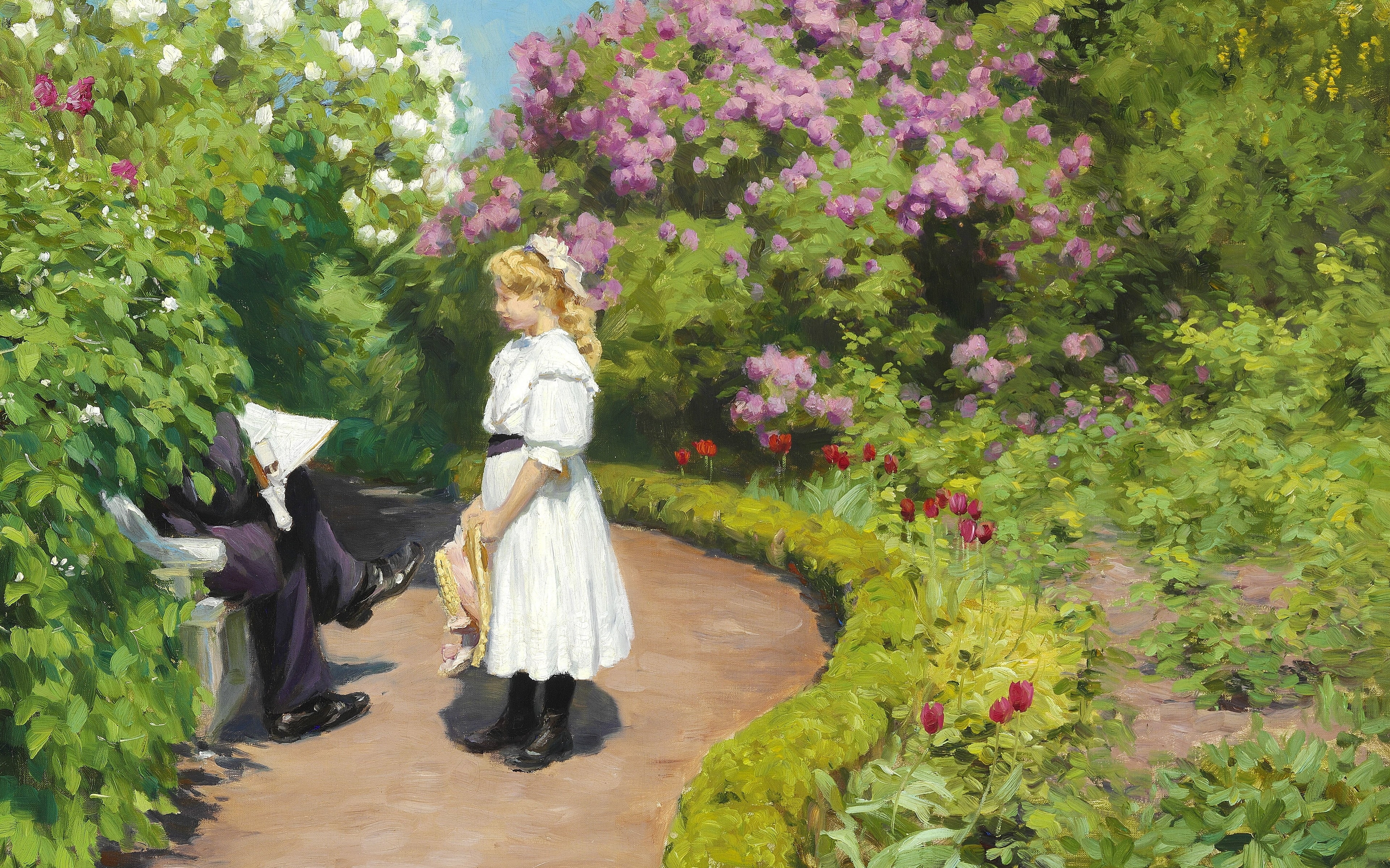 Danish painter, Danish realist painter, Hans Andersen Brendekilde, 1910, Girl with a straw hat talking with a gentlem, 4K, Garden with flowering lilacs and tulips, HD Wallpaper
