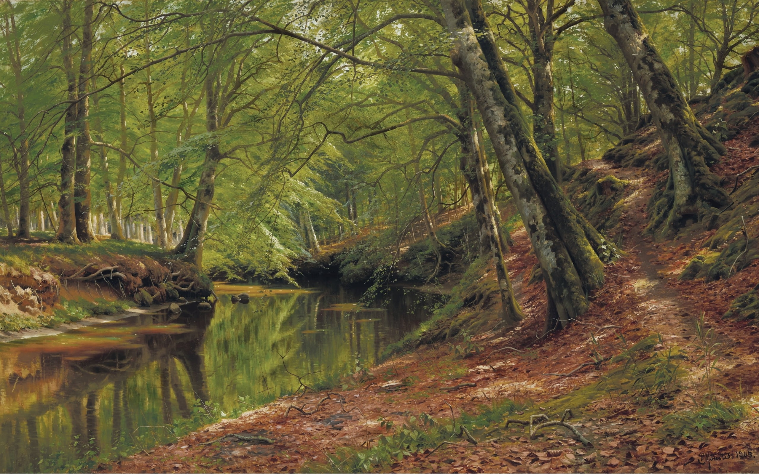 1905, River through the Woods, Peder Mørk Mønsted, The river flowing through the forest, Danish realist painter, 2K, Danish painter, oil on canvas, Peter, HD Wallpaper