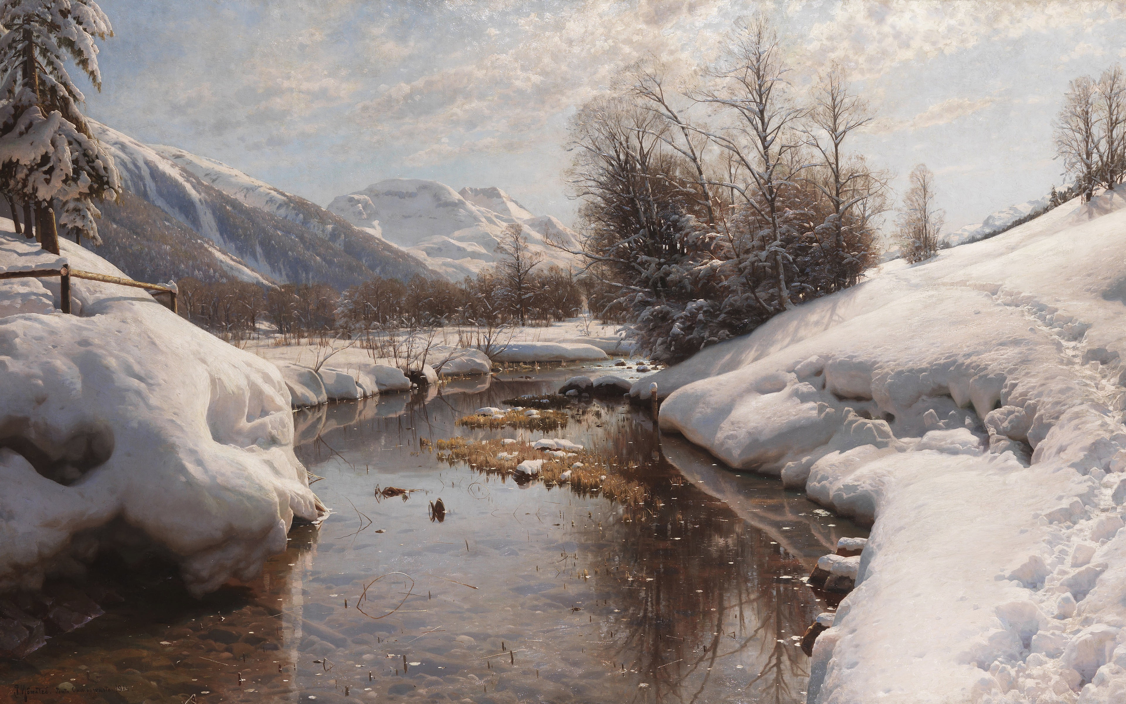 Peder Mørk Mønsted, oil on canvas, Winter sun in the Engadin, Danish painter, 1914, Danish realist painter, Winter sun in Engadin, 4K, Peter Merk Of Menstad, HD Wallpaper