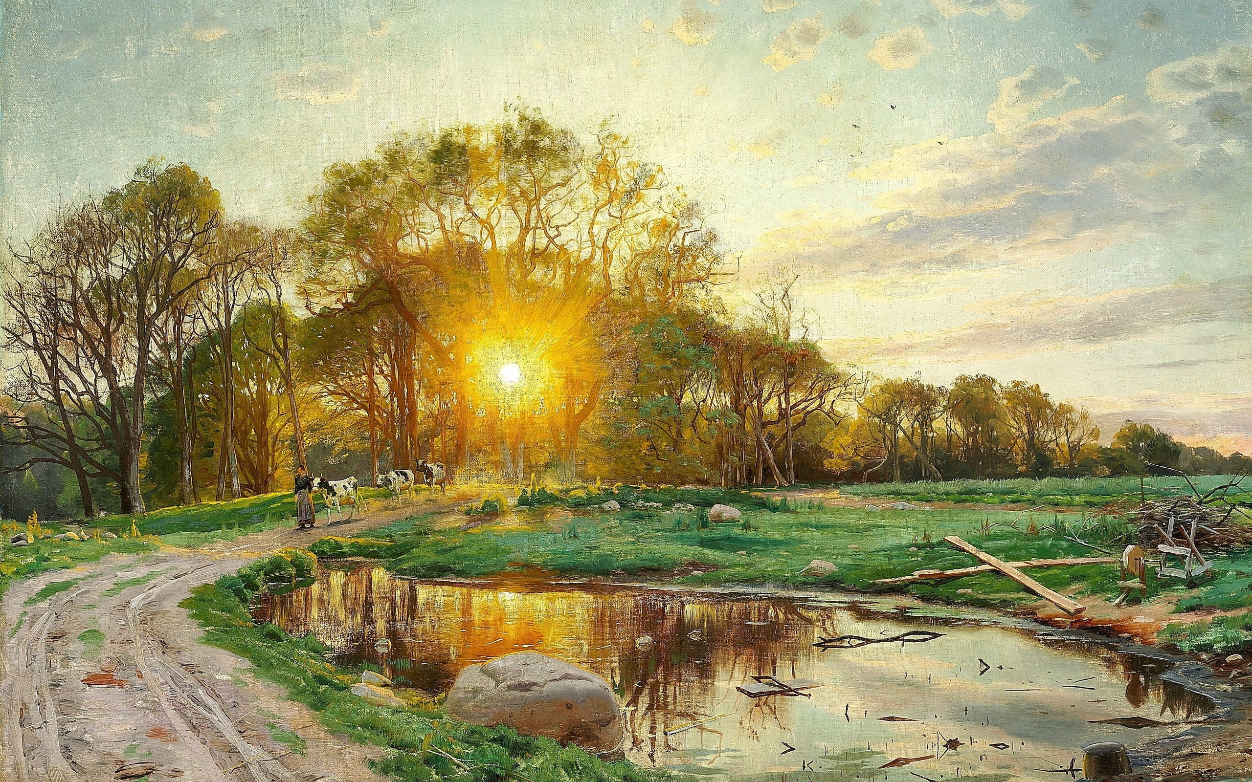 1897, Peter Merk Of Menstad, Danish painter, Peder Mørk Mønsted, 2K, The sun sets behind the trees. Summer, HD Wallpaper