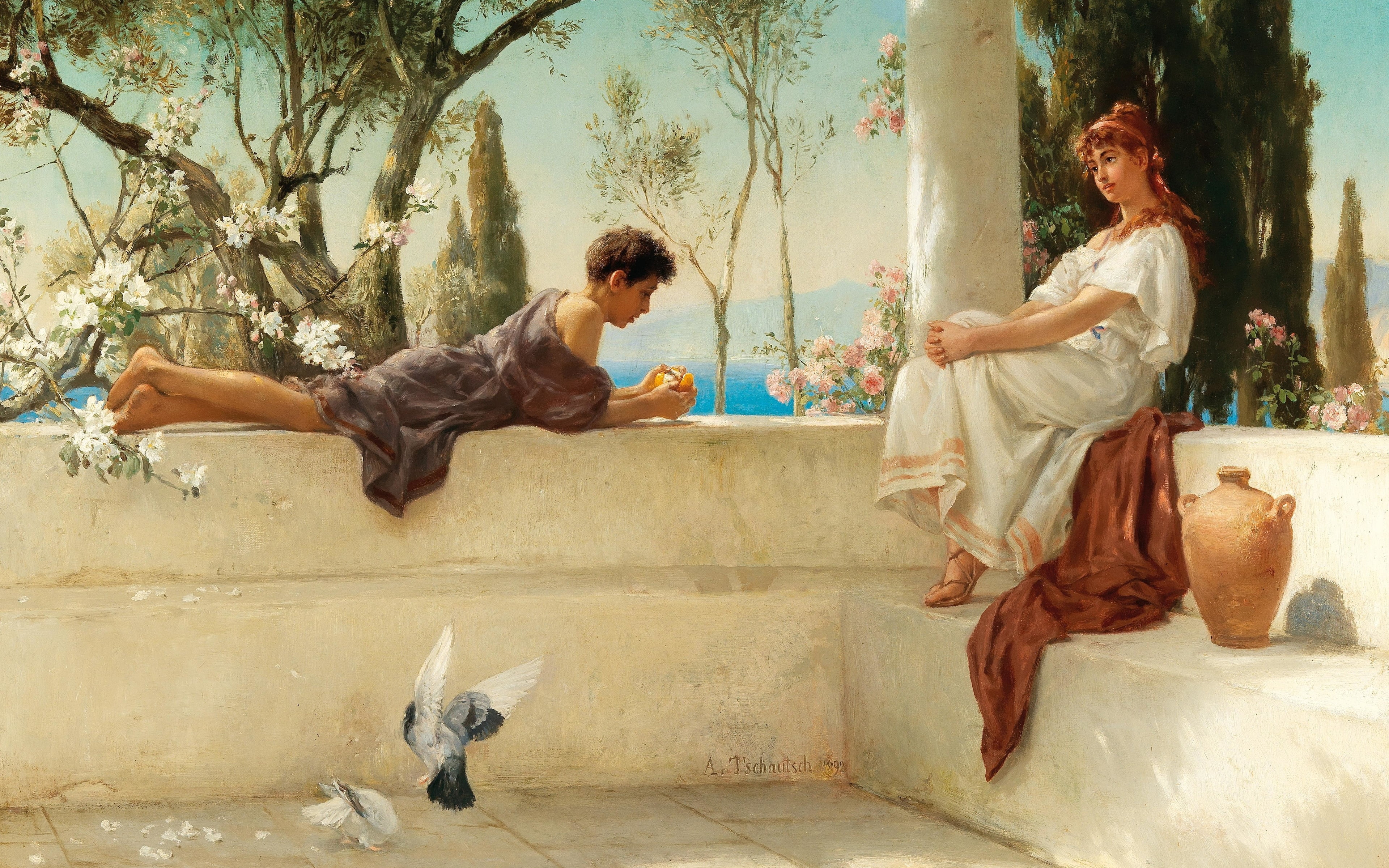 Albert Couch, Albert Tschautsch, On the terrace, German painter, 4K, 1892, At the veranda, oil on canvas, HD Wallpaper