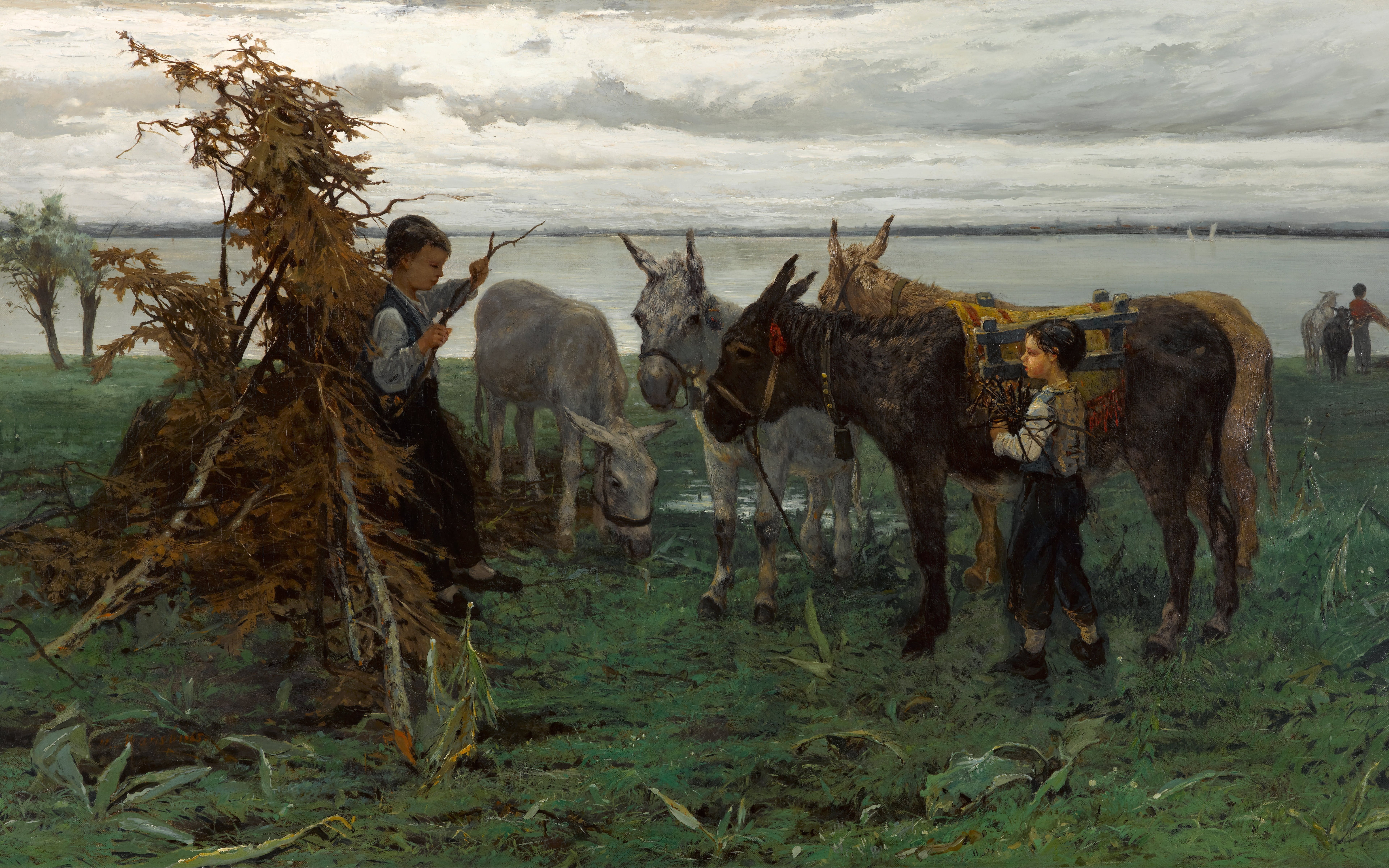 1865, Dutch painter, 8K, The Hague, Willem Maris, Municipal Museum of the Hague, Boys herding donkeys, Dutch artist, Wenzel Maris, oil on canvas, Museum, HD Wallpaper