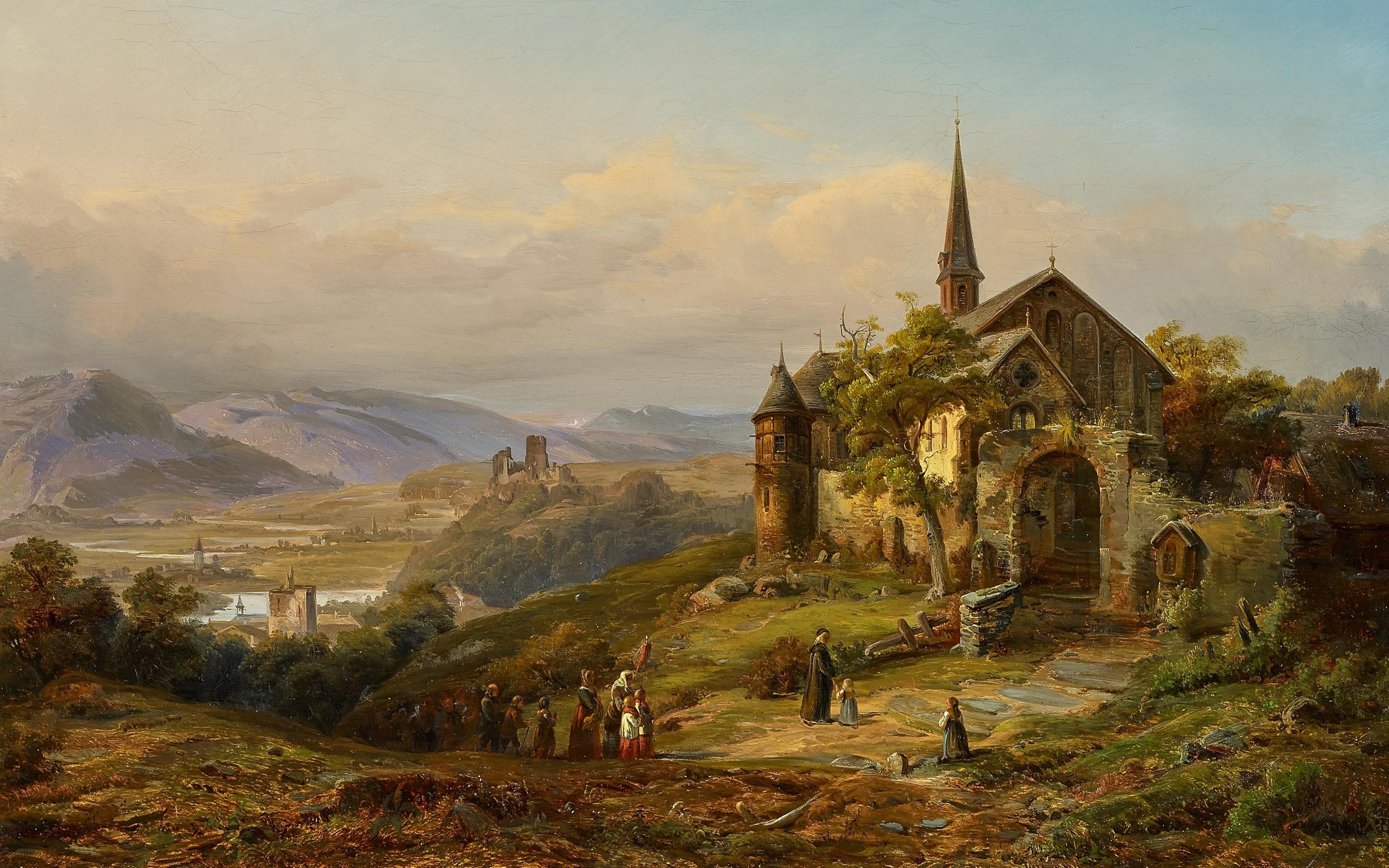 Romantic Rhine Landscape, oil on canvas, German painter, Peter Joseph Minjon, Peter Joseph Minion, 2K, HD Wallpaper