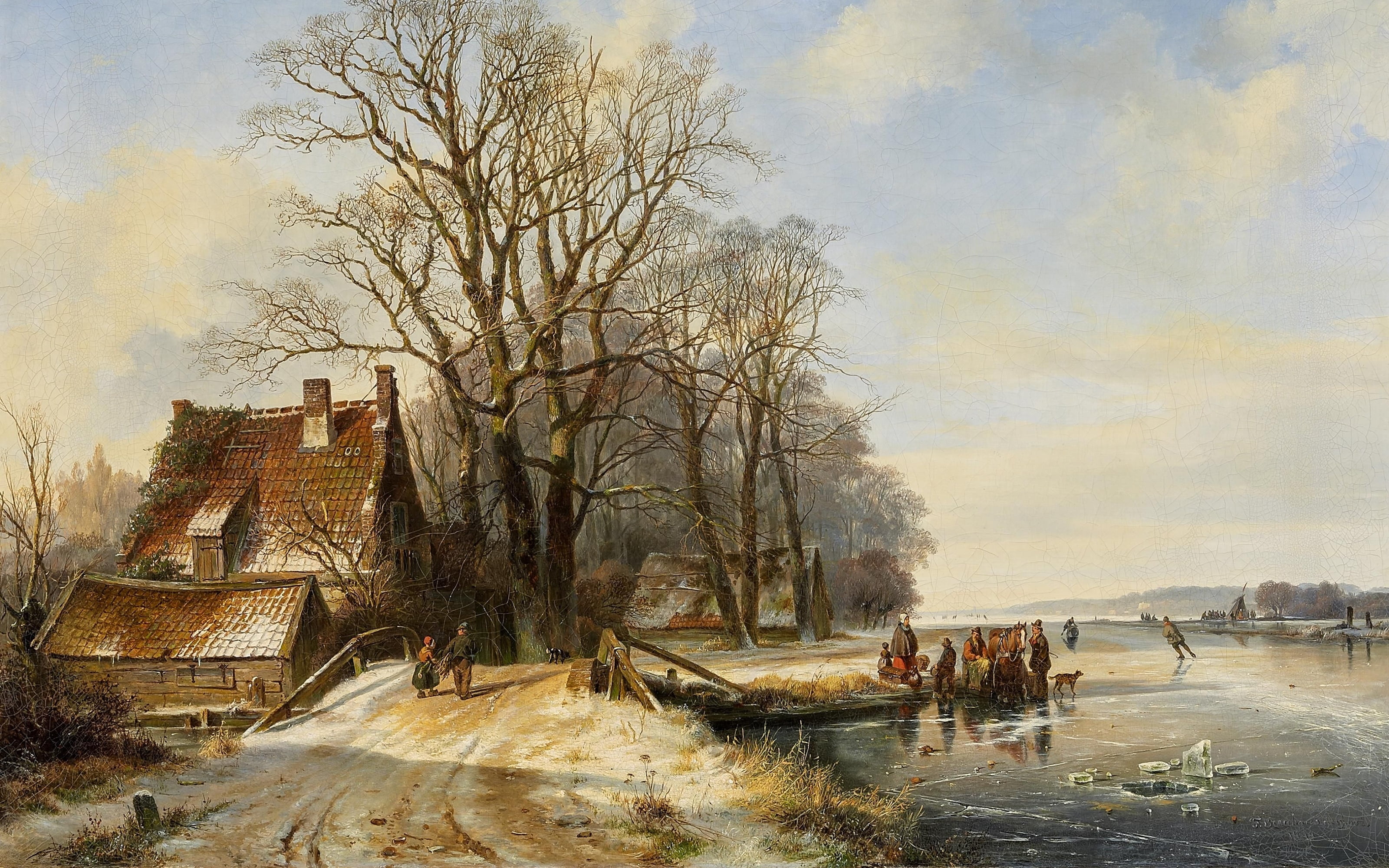 Winter landscape with Skaters on the ice from, Danish painter, 1844, Frans Arnold  Broykhaus de Groot, oil on canvas, 2K, Winter landscape with skaters on the ice, HD Wallpaper