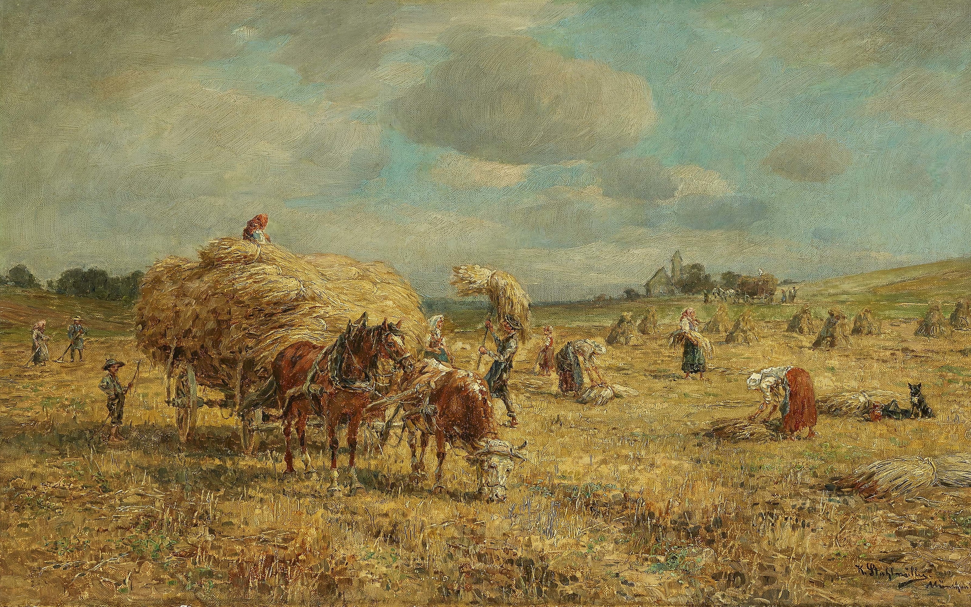 2K, Haymaking, oil on canvas, At the time of haymaking, Karl Chair Müller, German painter, Carl Stuhlmuller, HD Wallpaper