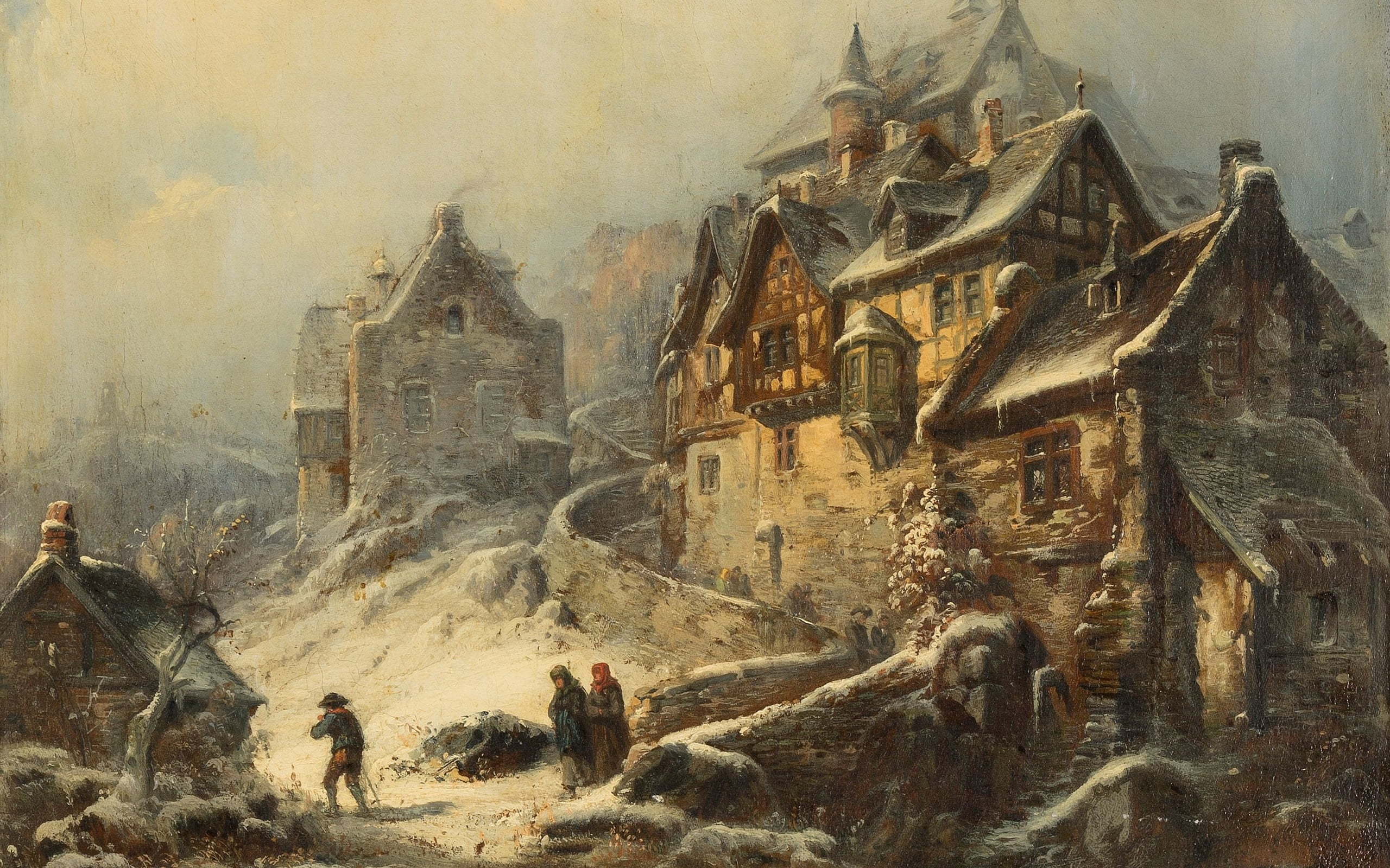 Peter Joseph Minion, City scene in winter, oil on relined canvas, Peter Joseph Minjon, German painter, Urban scene in winter, 2K, HD Wallpaper